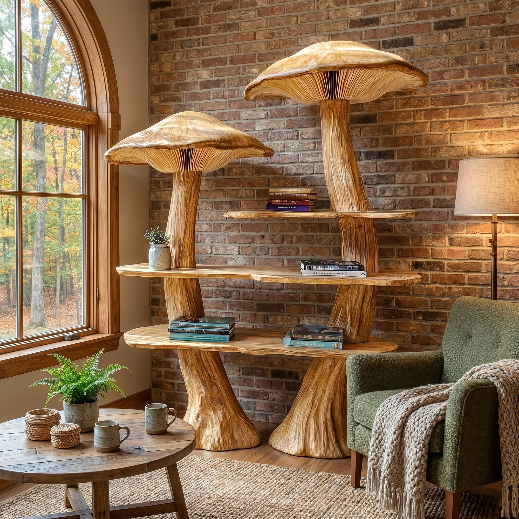 Rustic Mushroom Bookshelf With Tree Trunk Base And Solid Wood Shelves For Living Room SINLKITB748