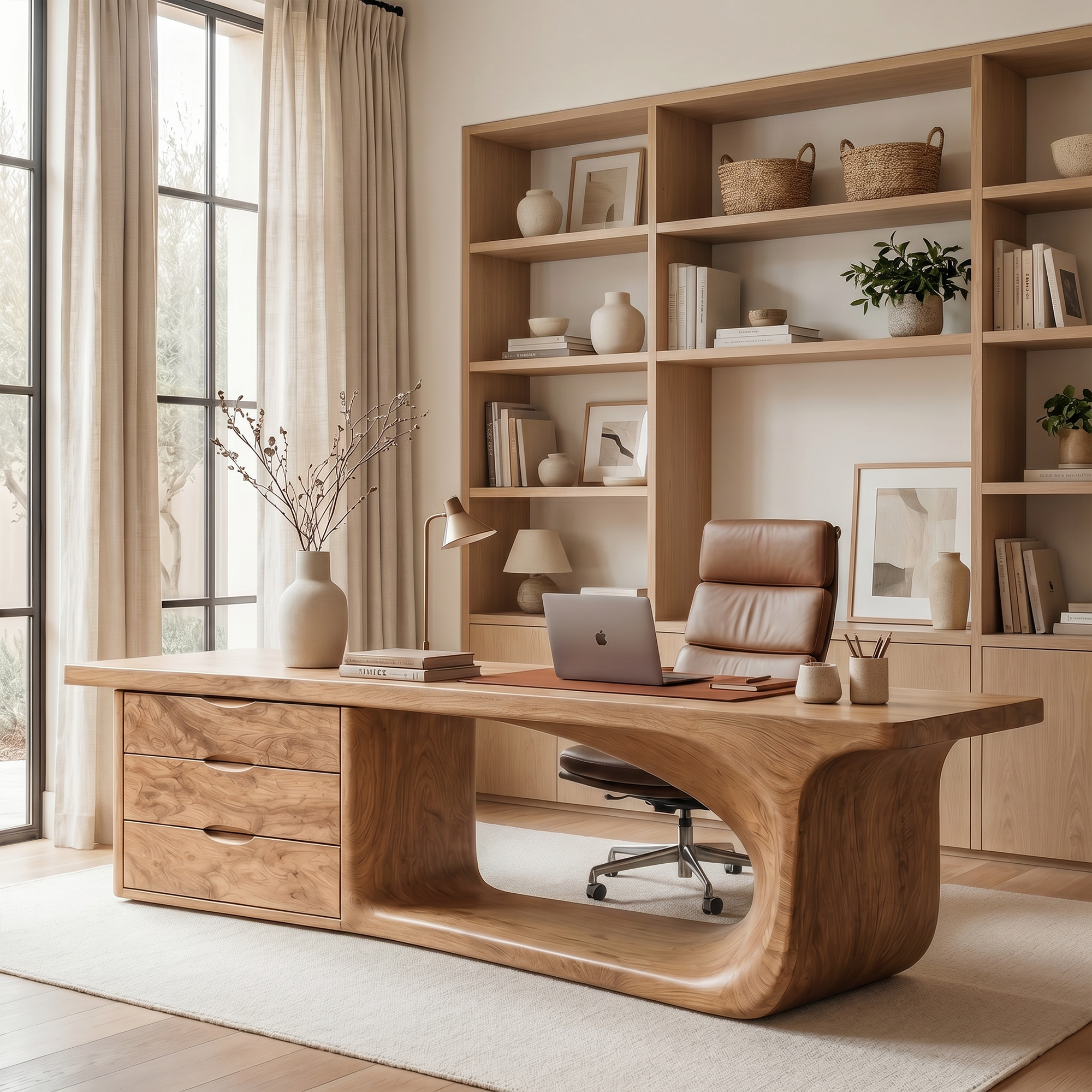 Rustic Executive Desk With Sculptural Solid Wood Base And Integrated Storage For Home Office SINLKIDK117