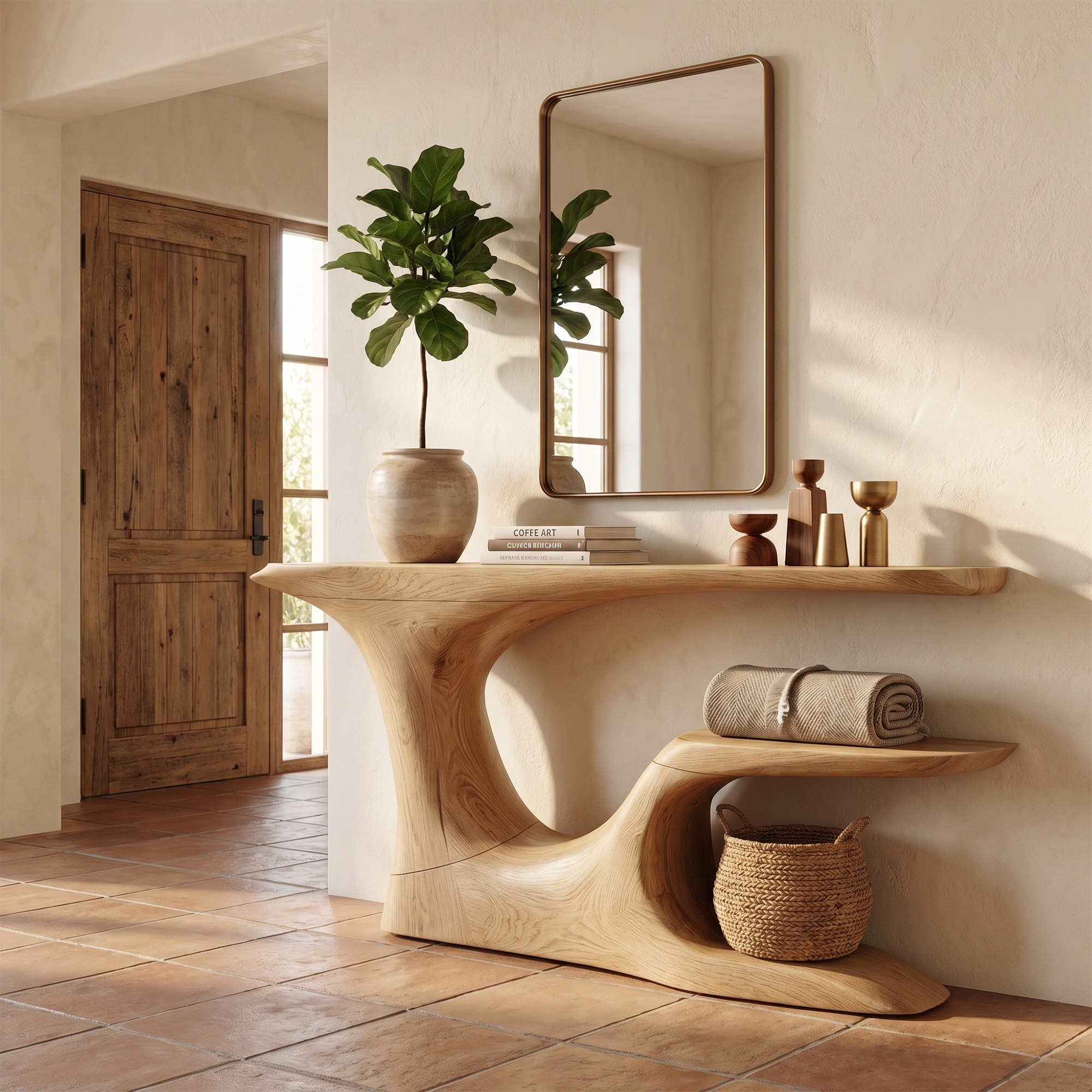Rustic Organic Console Table With Live Edge Top And Sculptural Solid Wood Base For Entryway SINLKICS603