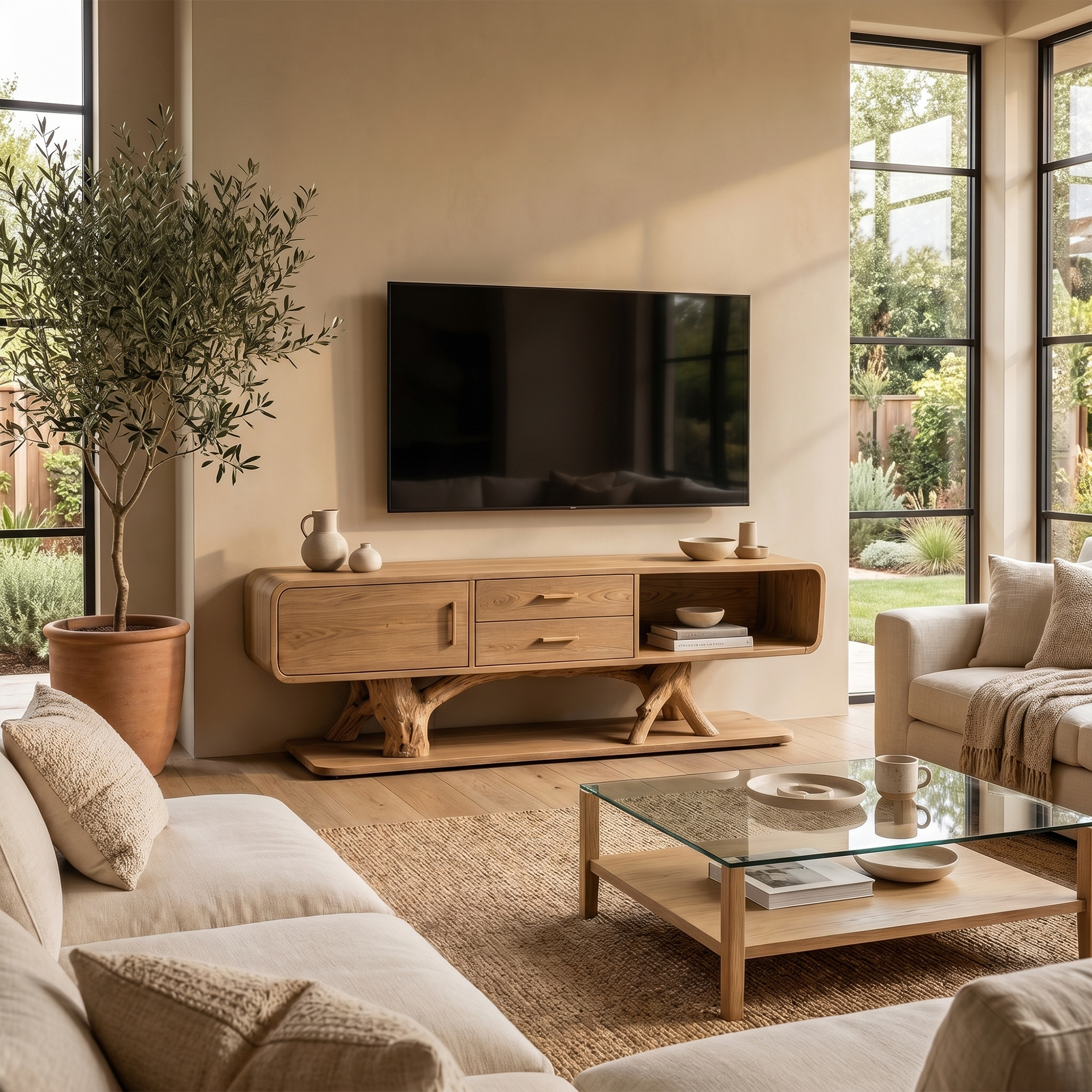 Modern Organic TV Cabinet With Built In Drawer Storage For Living Room SINLKITC046