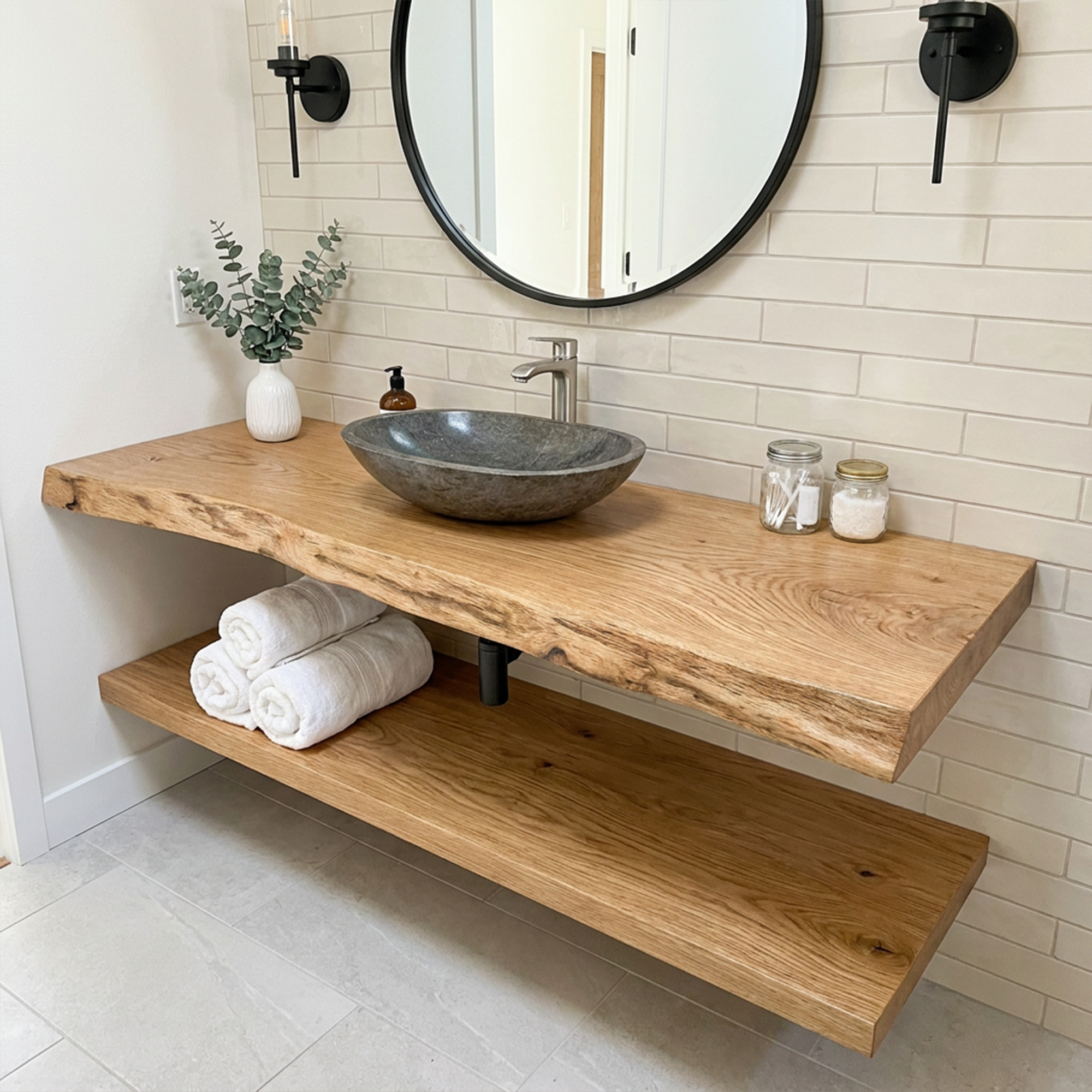 Mid Century Bathroom Vanity Shelf Curved Edge Wood Bathroom Look SINLKIBRV232