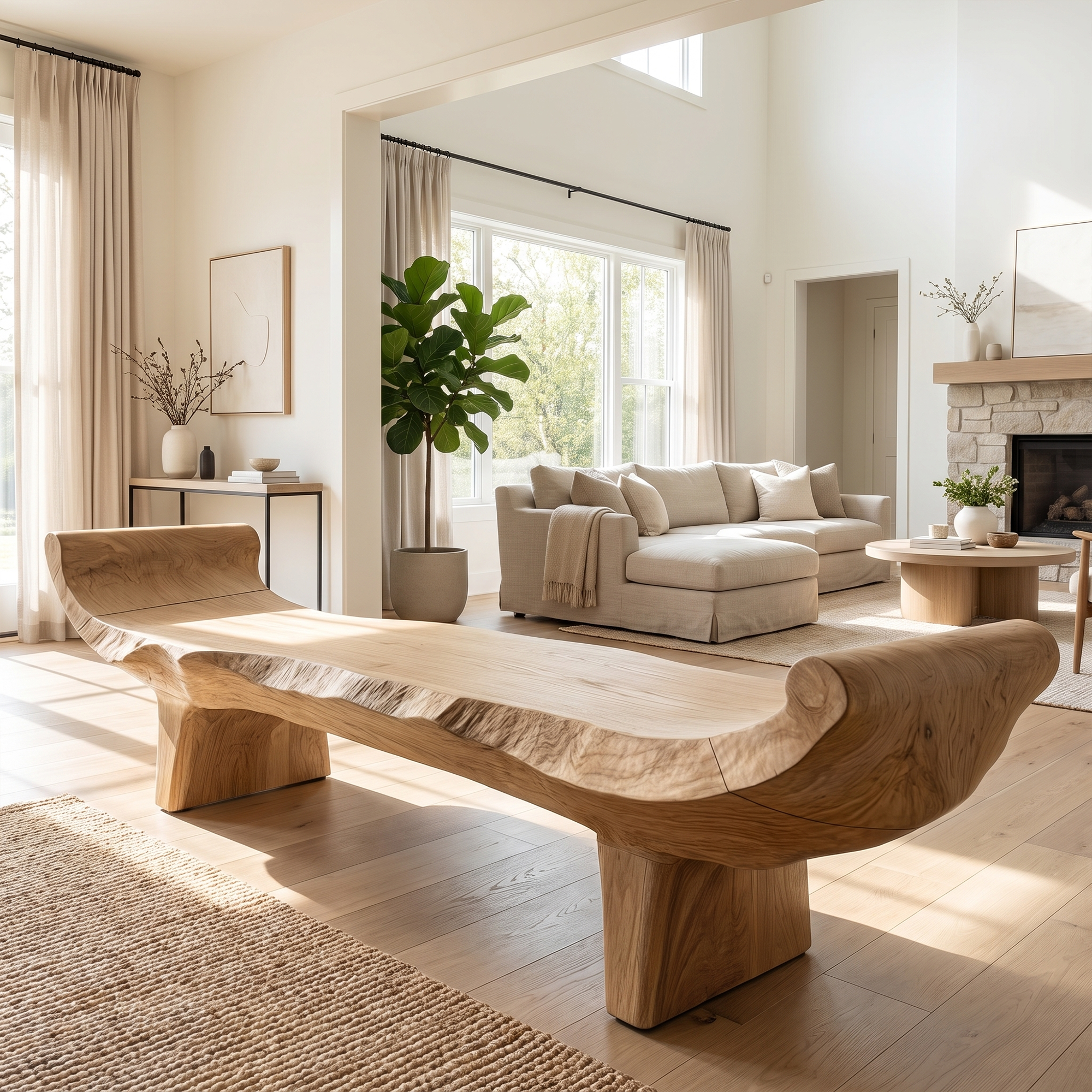 Minimalist Console Table With Sculptural Wood Base For Entryway SINLKIRS130