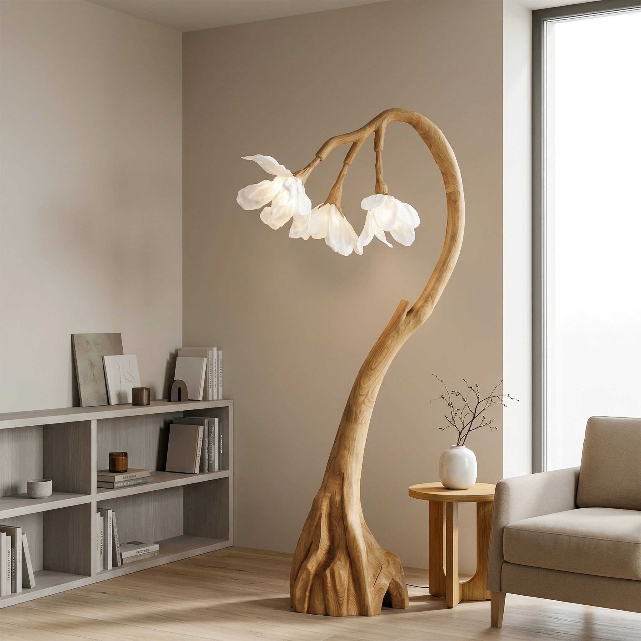 Floral Floor Lamp With Organic Wood Base For Living Room And Bedroom SINLSAFLP071