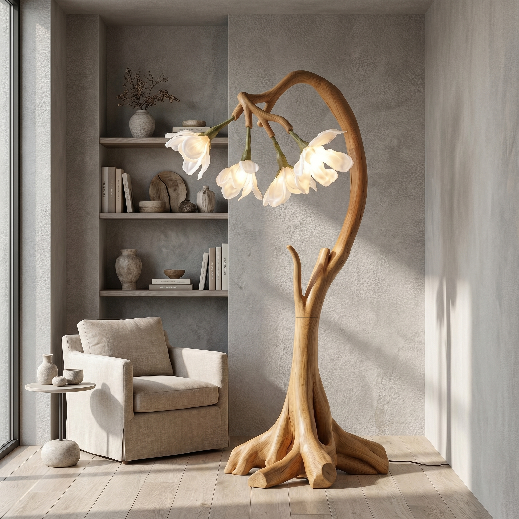 Bloom Floor Lamp With Sculptural Wooden Stand For Living Room And Bedroom SINLSAFLP072