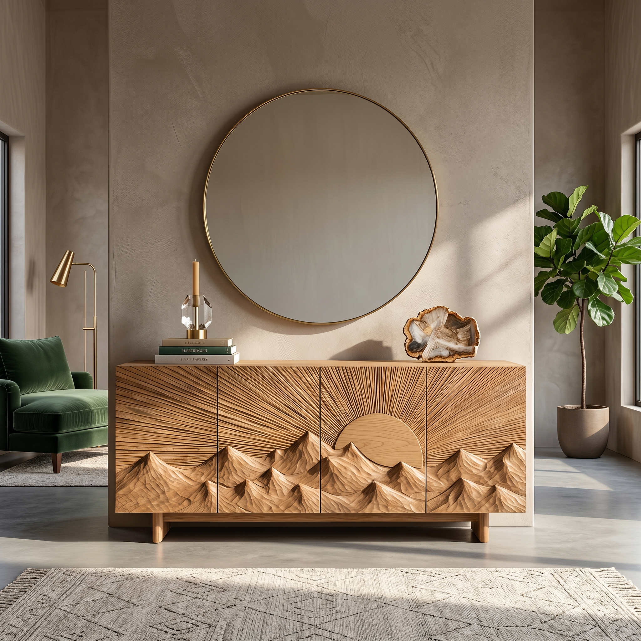 Contemporary Landscape Sideboard With Sculptural Carved Wood Doors For Living Room SINLSASC517