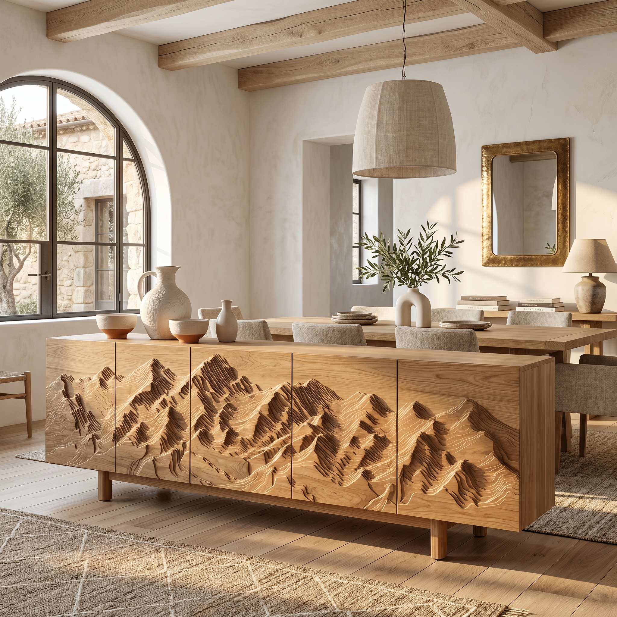 Rustic Mountain Sunrise Sideboard With Hand Carved Wood Doors For Living Room And Entryway SINLSASC519