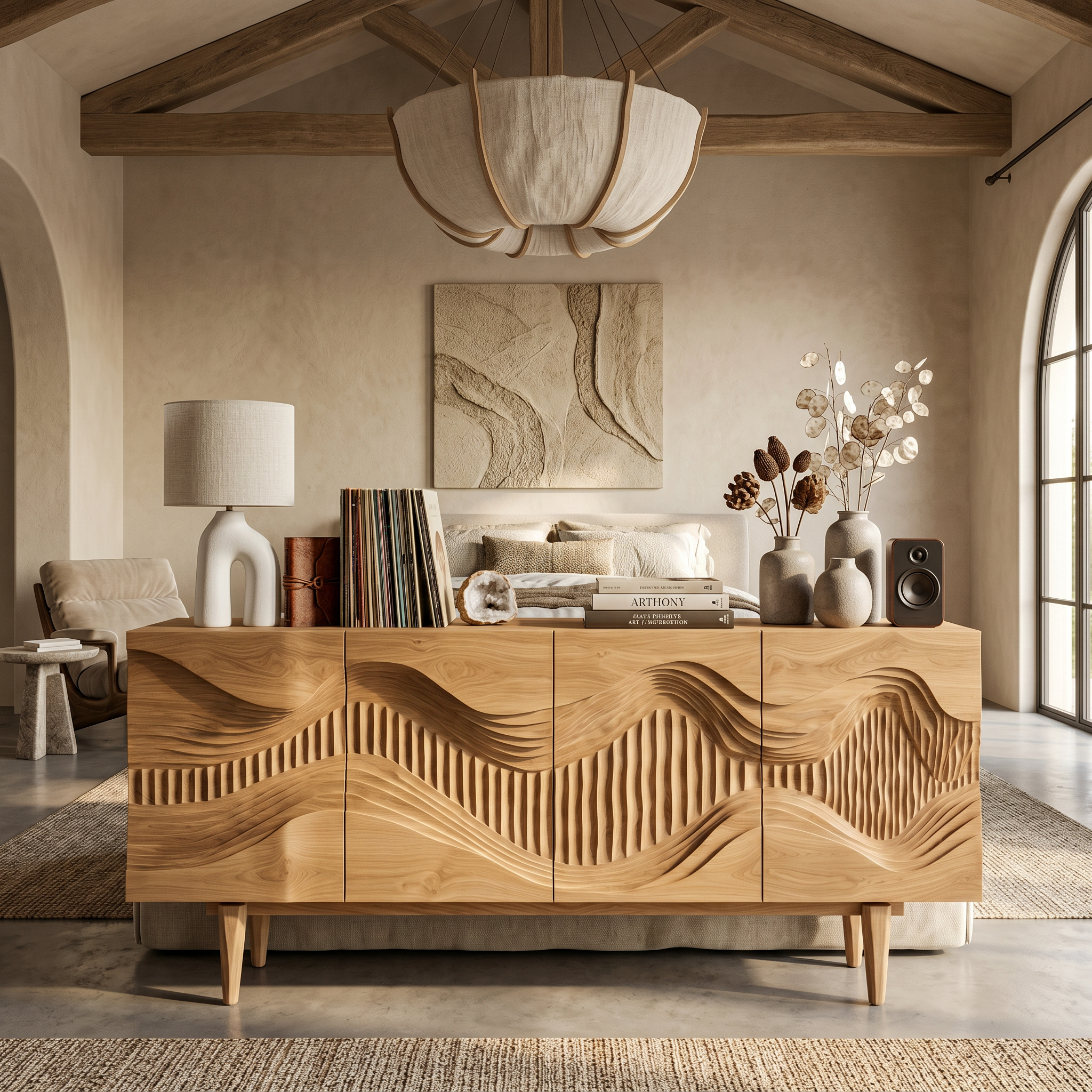 Mid Century Sideboard With Sculptural Wave Carved Wood Doors For Living Room SINLSASC524