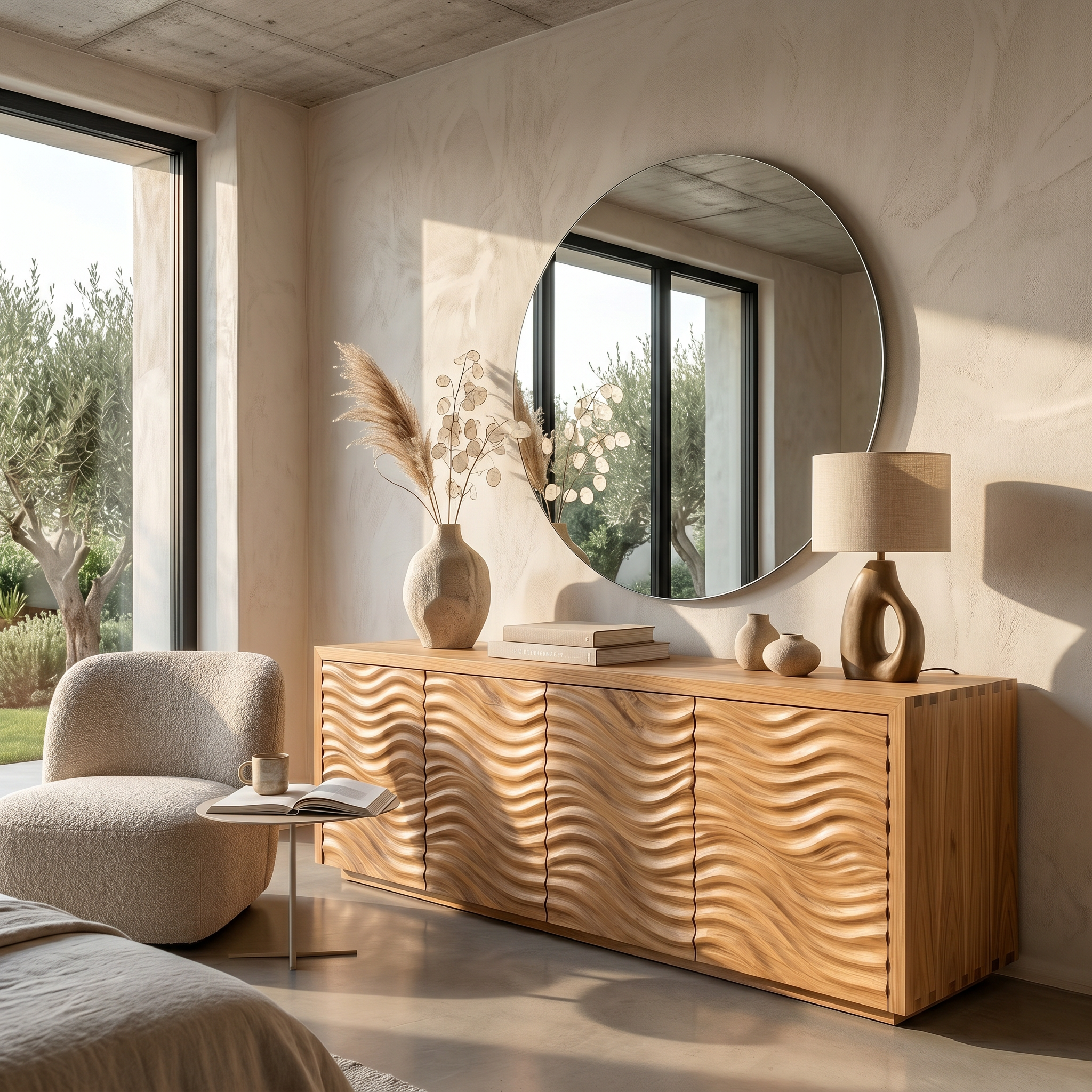 Rustic Sideboard With Hand Carved Wave Wood Doors And Solid Wood Storage For Living Room SINLSASC530