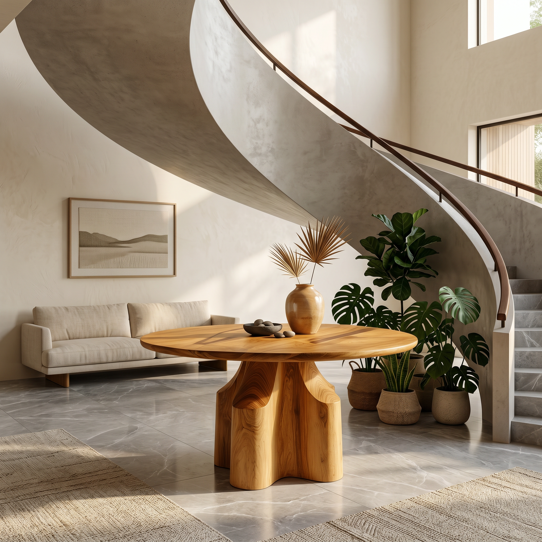 Contemporary Foyer Table With Sculptural Solid Wood Pedestal Base For Entryway And Hallway SINLSAFT037