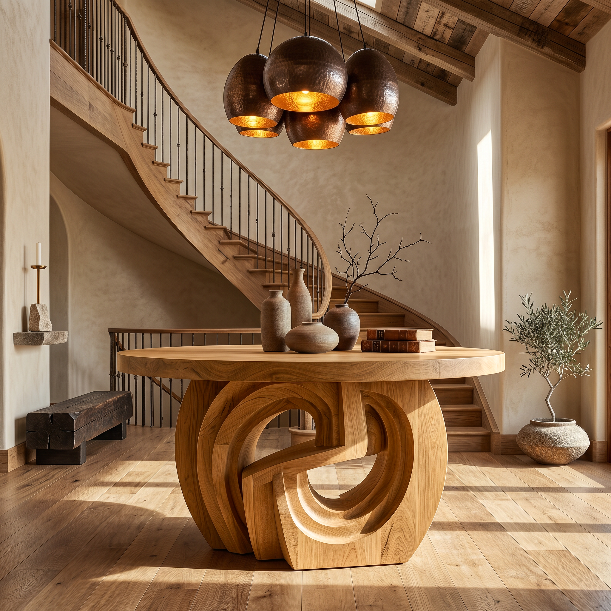 Rustic Foyer Table With Sculptural Ring Pedestal Base For Entryway And Hallway SINLSAFT041