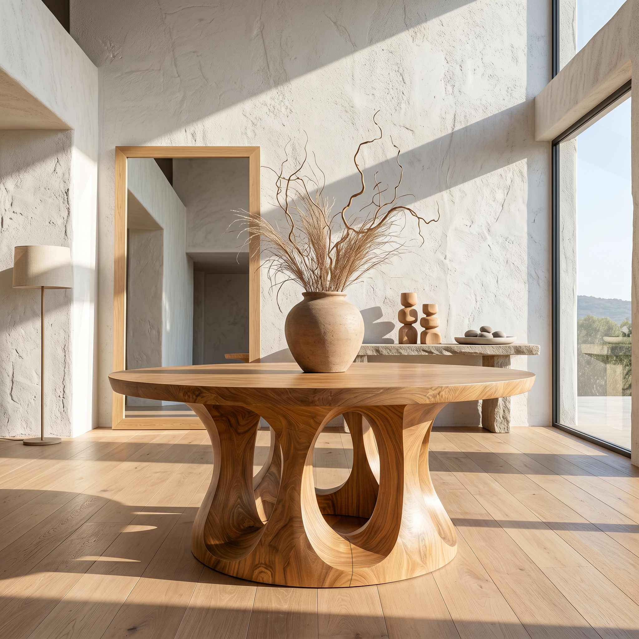 Organic Round Foyer Table With Sculptural Dual Ring Pedestal Base For Entryway And Hallway SINLSAFT045