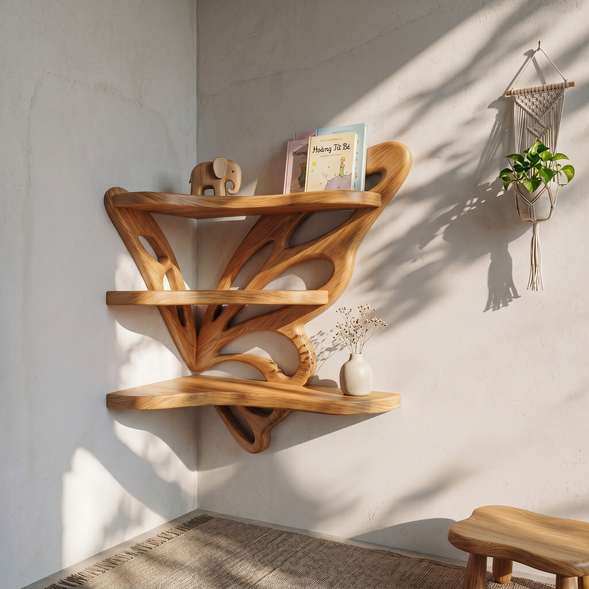 Rustic Butterfly Floating Shelf With Natural Live Edge Wood Design For Living Room SINLSAFL543