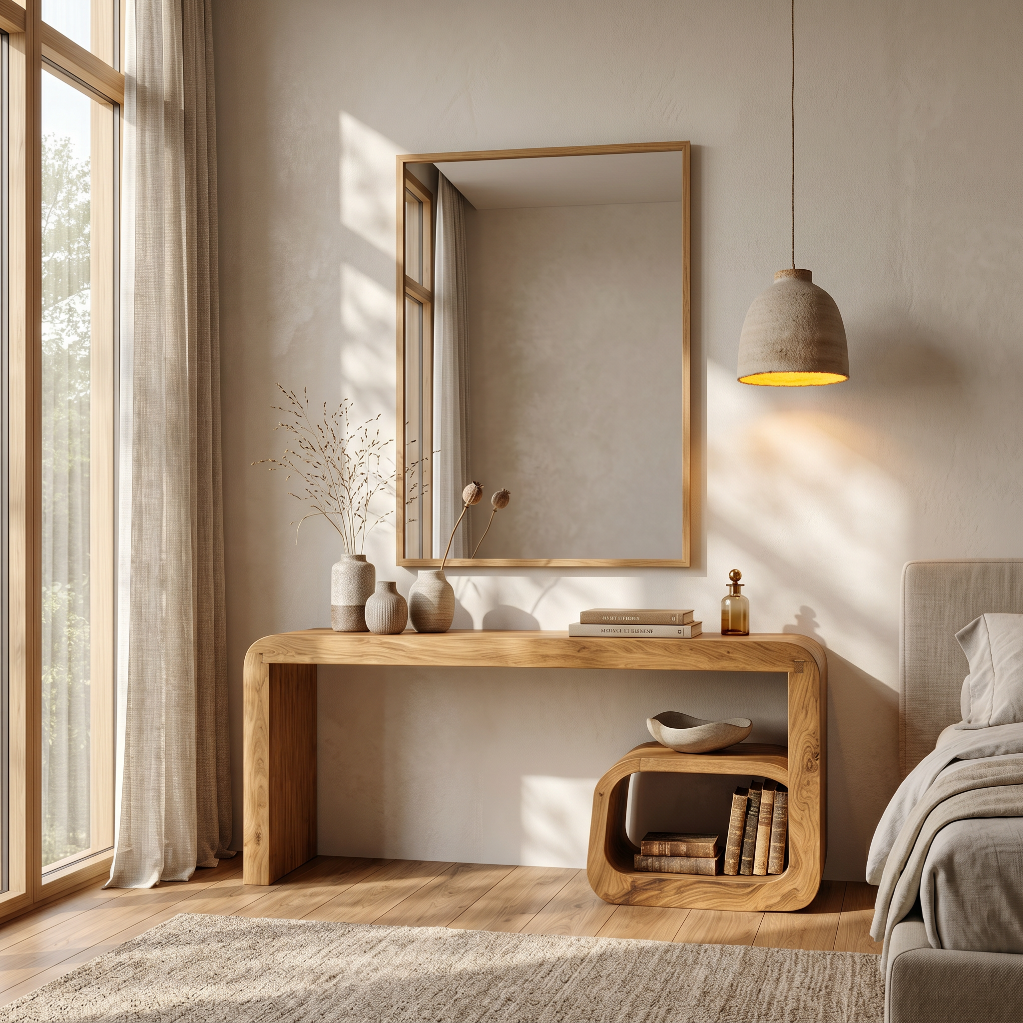 Sculptural Dressing Table With Curved Wood Silhouette For Bedroom Decor SINLSABDT093