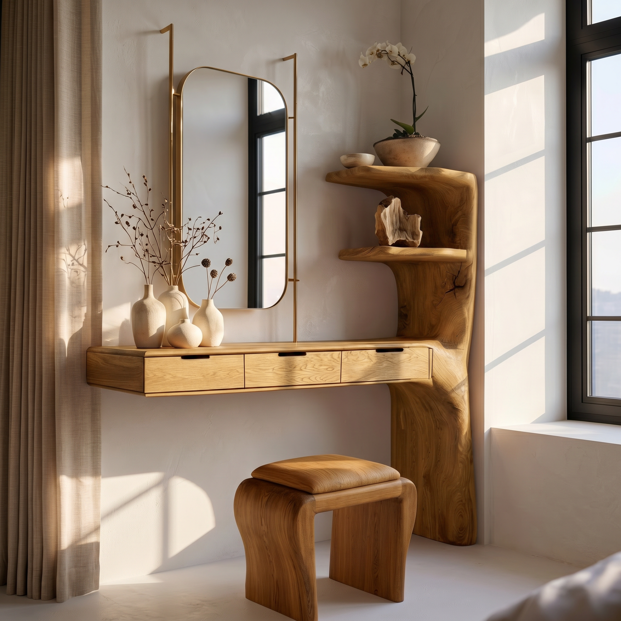Organic Dressing Table With Built In Storage Shelves For Bedroom And Dressing Room SINLSABDT087