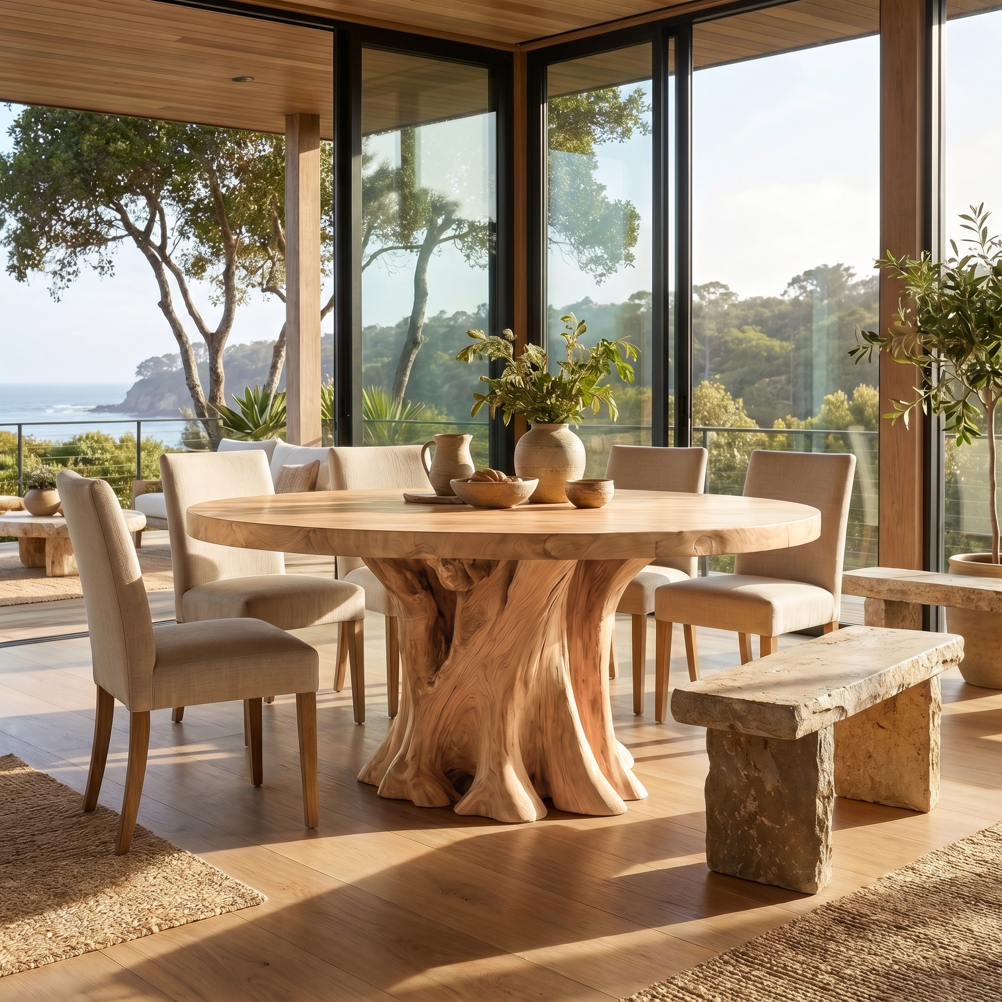 Rustic Round Dining Table With Solid Wood Sculptural Base For Dining Room SINLSADT178