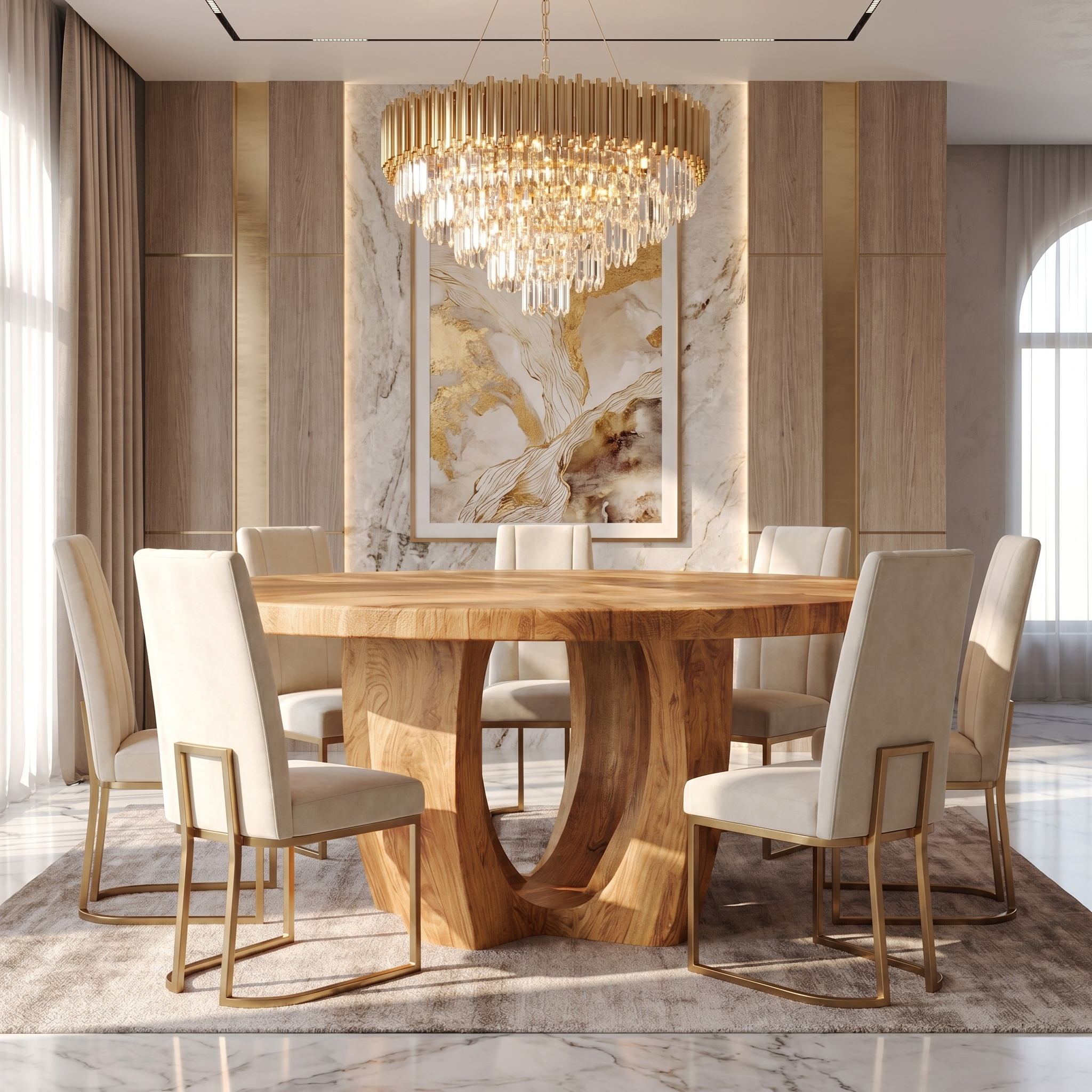 Modern Round Dining Table With Sculptural Wood Base For Dining Room SINLSADT180