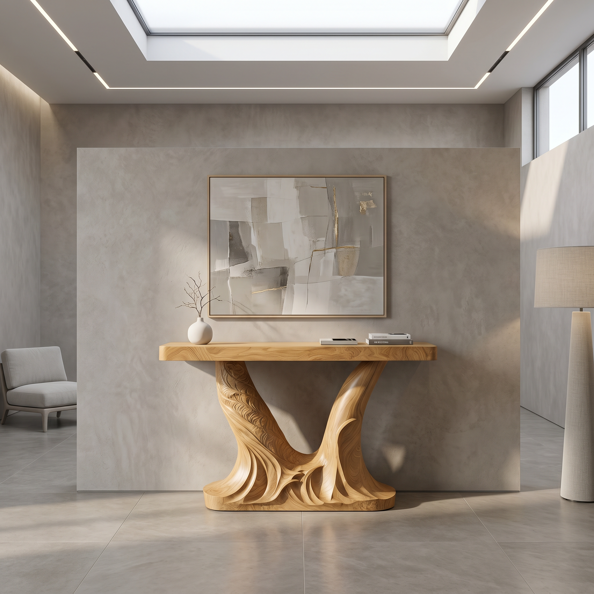 Organic Console Table With Sculptural Double Pedestal Base For Entryway SINLSACS628