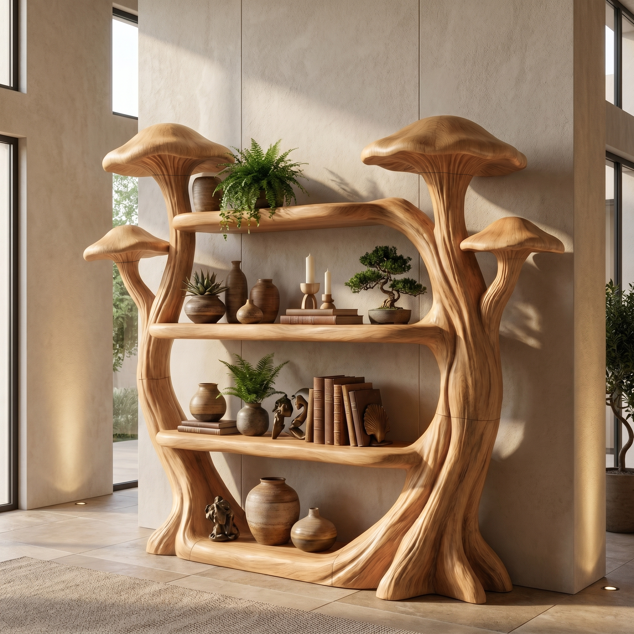 Natural Wood Mushroom Bookcase For Living Room And Reading Room SINLSATB727