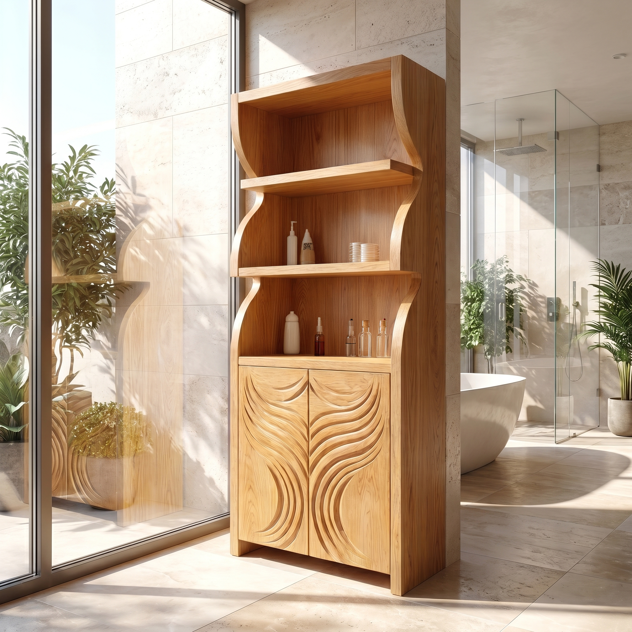 Rustic Organic Bathroom Storage Cabinet With Carved Wooden Doors And Open Shelves For Bathroom SINLSABCT020