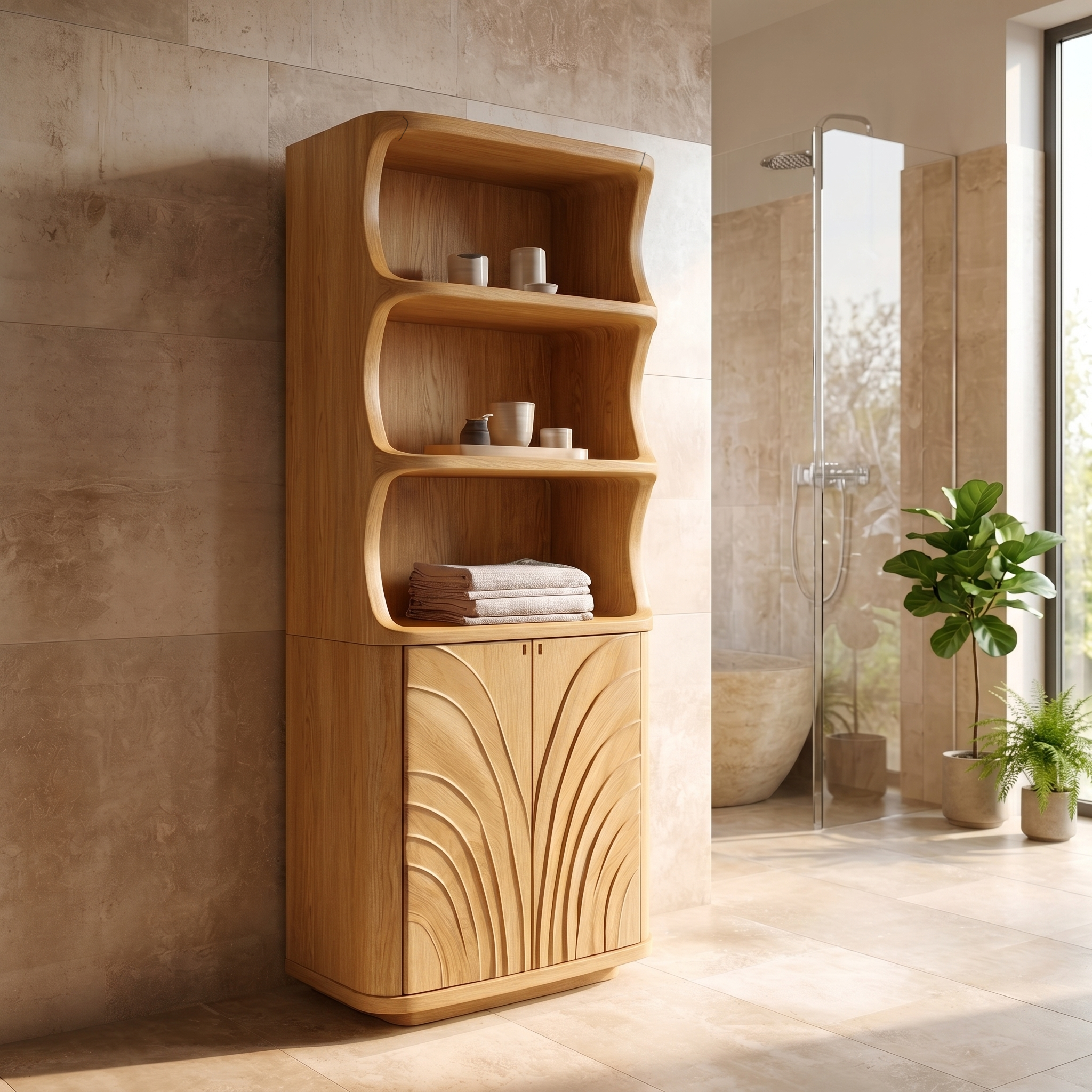 Organic Bathroom Storage Cabinet With Curved Open Shelves And Carved Wooden Doors For Bathroom SINLSABCT022