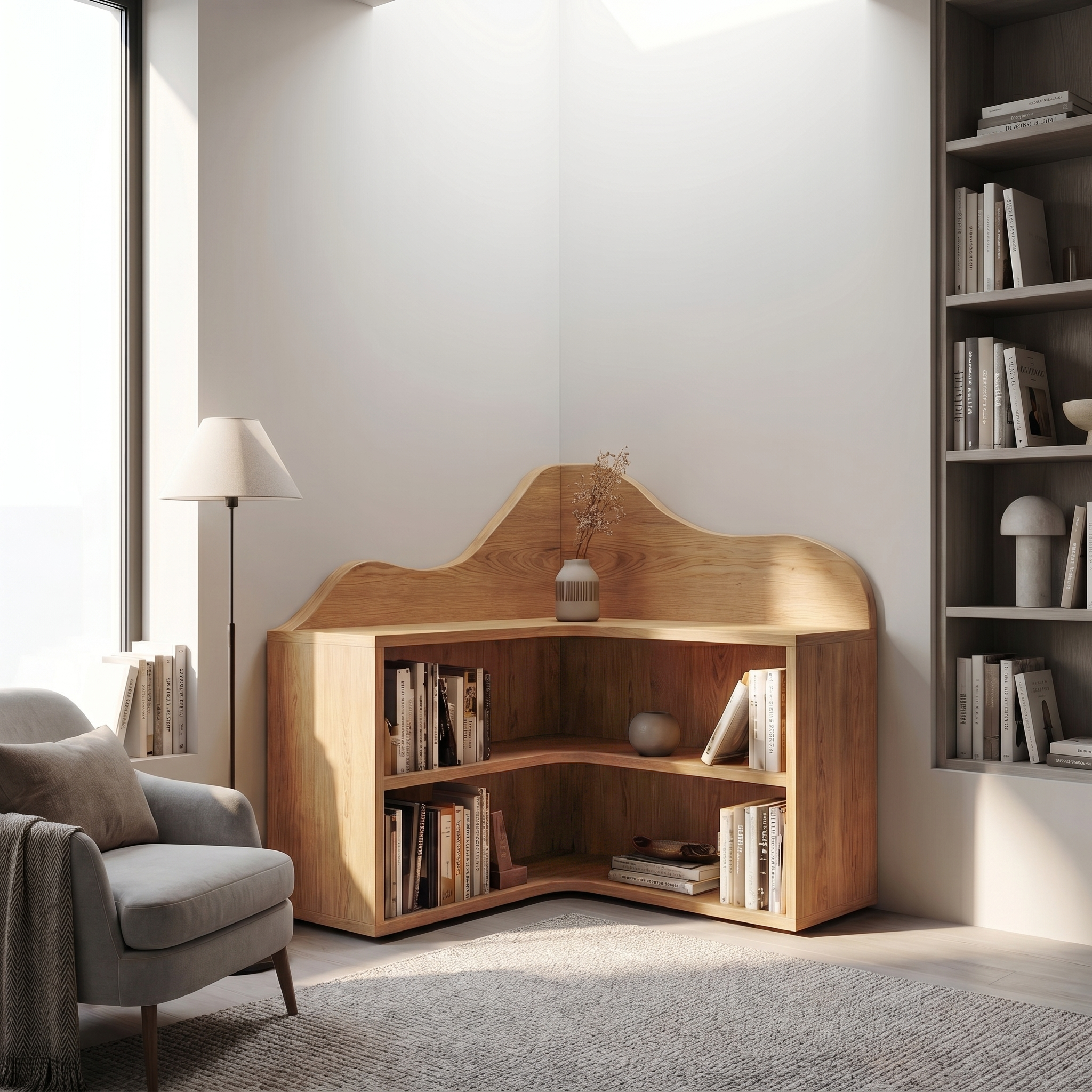 Organic Corner Bookshelf With Sculptural Curved Shelves And Open Storage For Living Room And Bedroom SINLSABS021