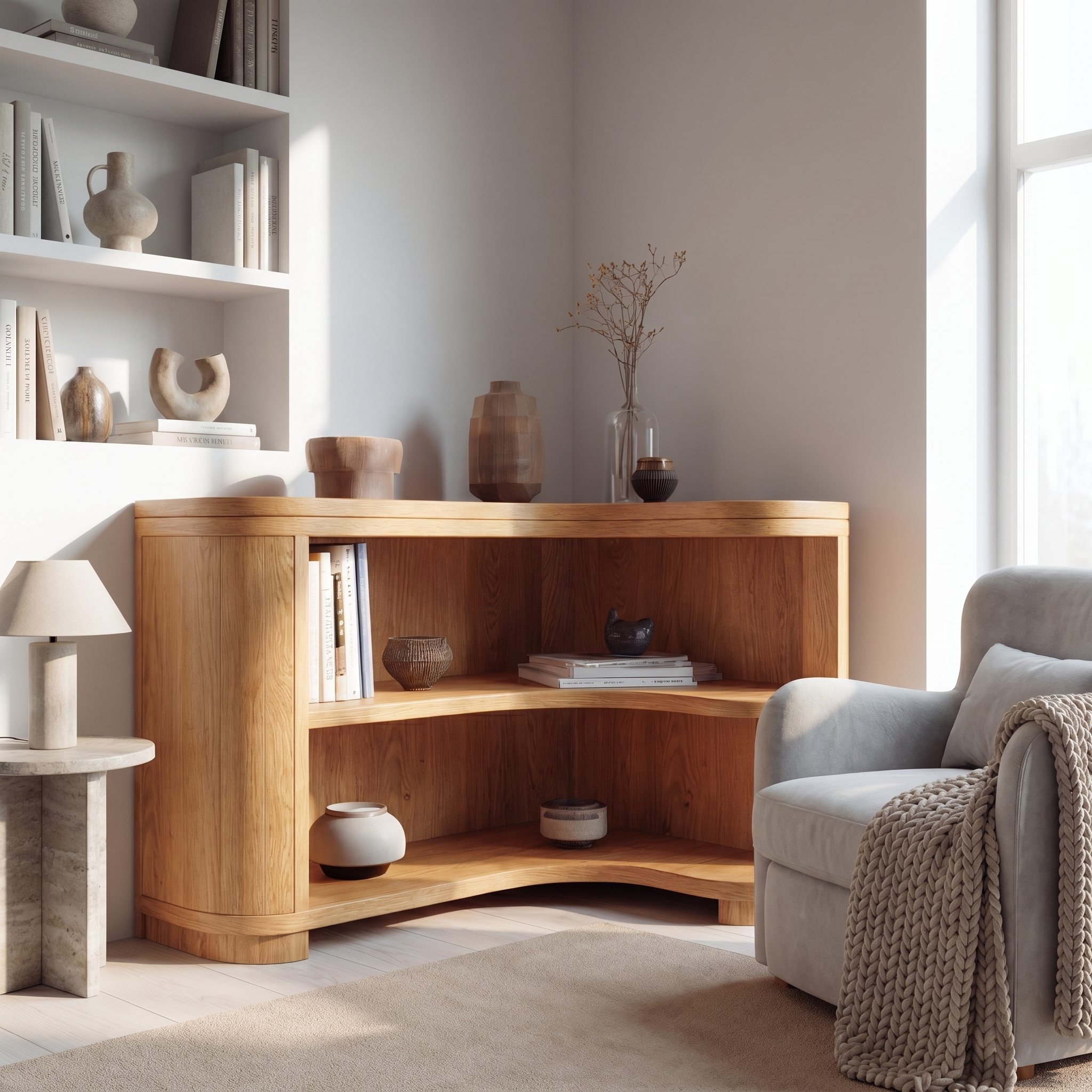 Modern Organic Corner Bookshelf With Solid Wood Open Shelves And Curved Design For Living Room And Bedroom SINLSABS022