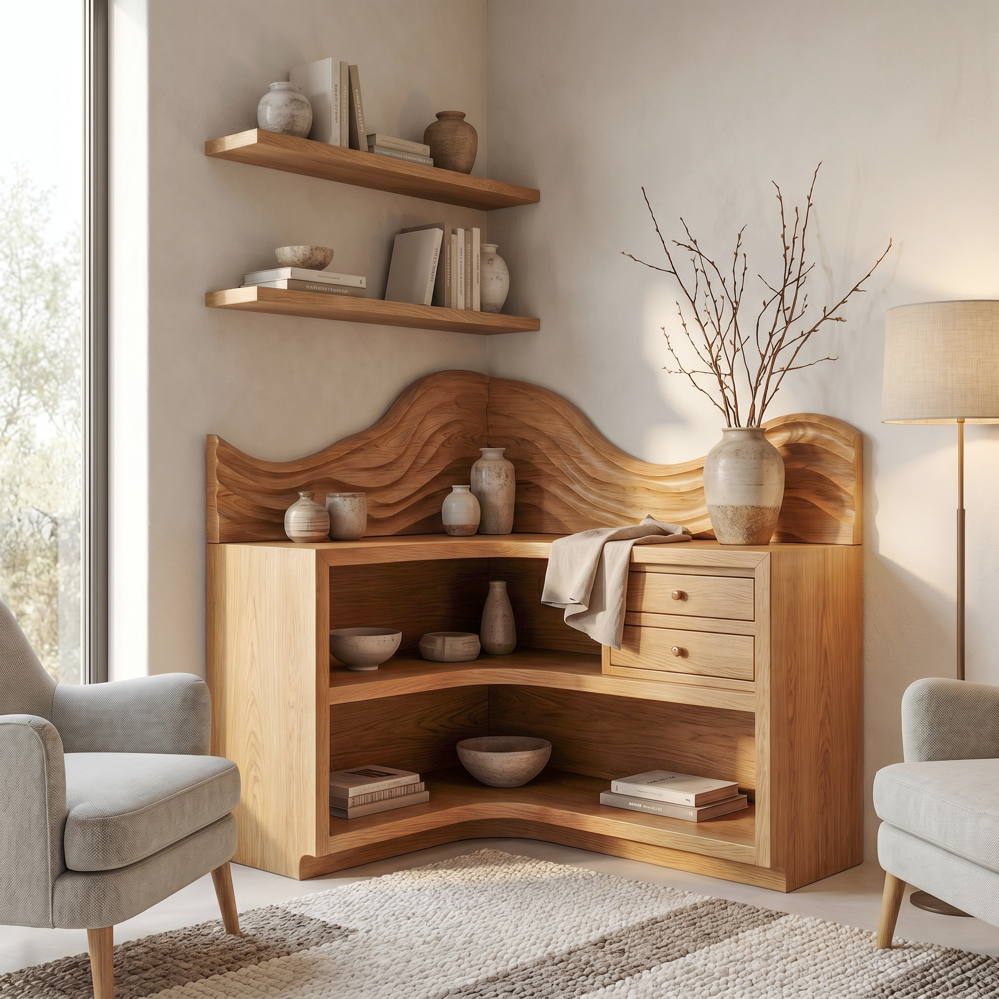 Rustic Corner Bookshelf With Arched Open Shelves And Drawer Storage For Living Room And Bedroom SINLSABS024