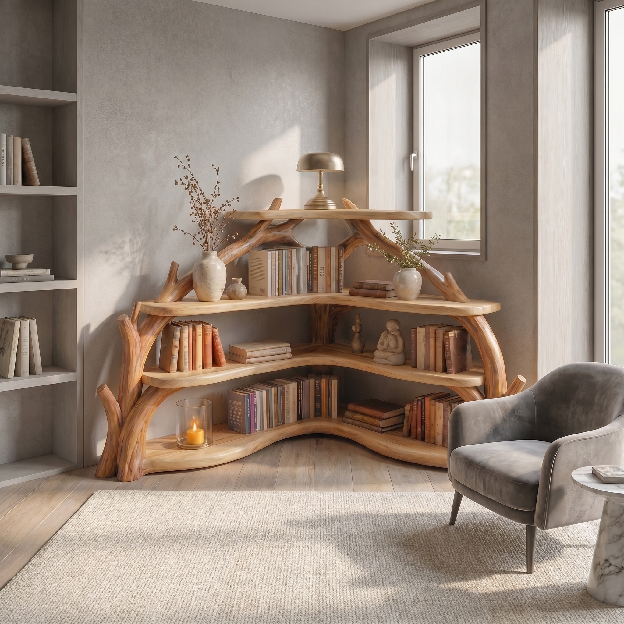 Sculptural Corner Bookcase With Natural Branch Design For Living Room SINLSABS015