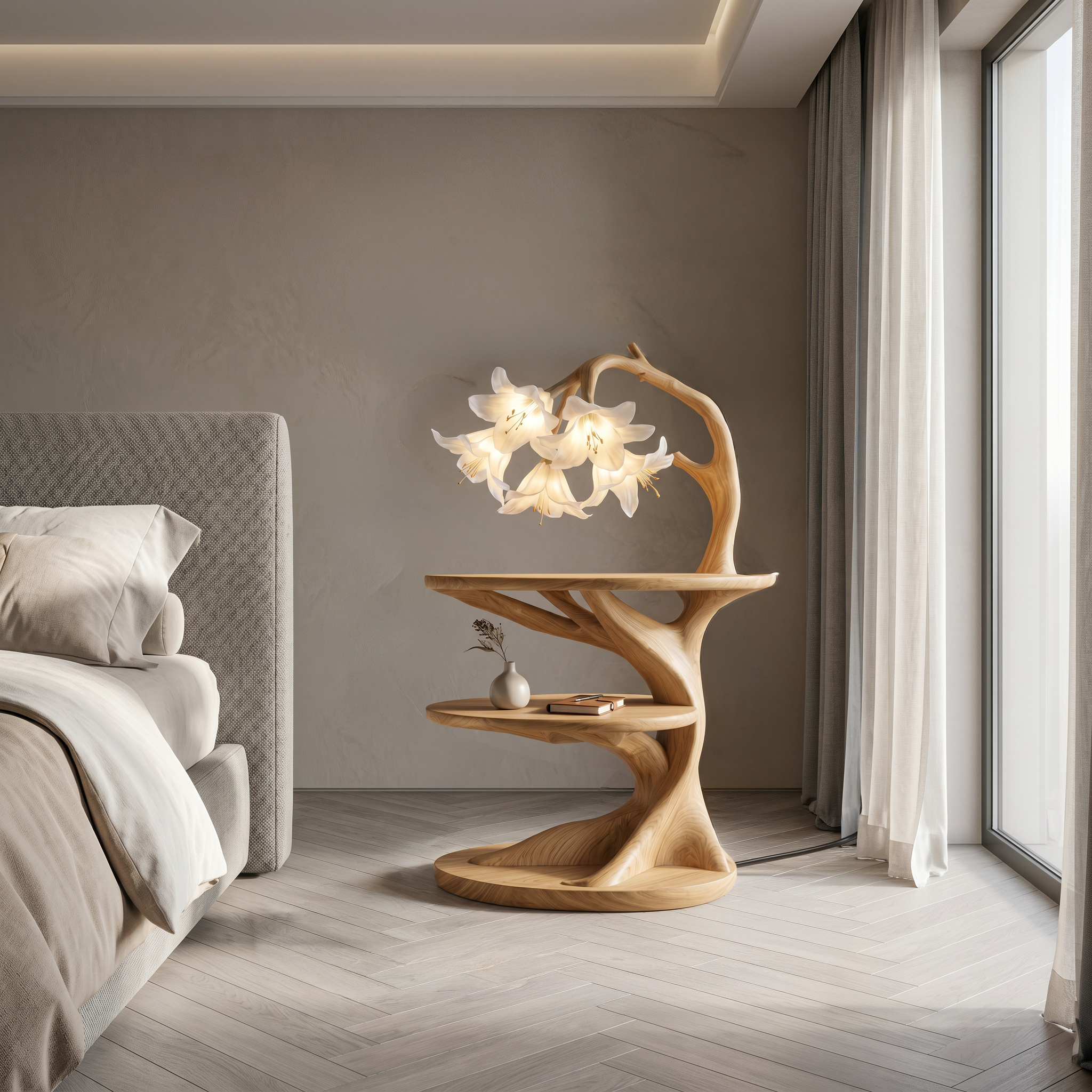 Rustic Side Table With Flower Shade Lamp For Bedroom And Living Room SINLSABT272