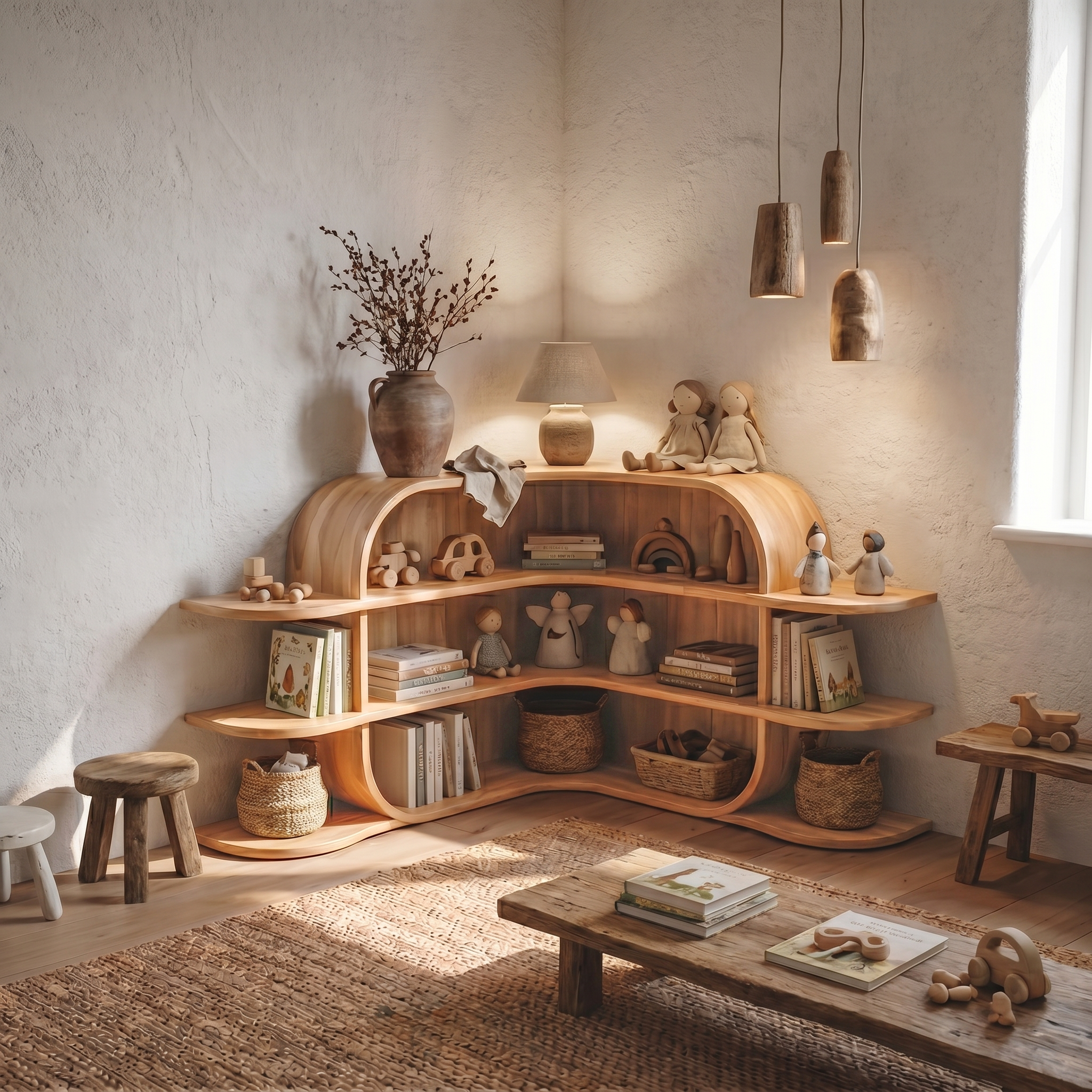 Scandinavian Arched Corner Bookshelf With Multi Tier Open Shelves For Living Room And Bedroom SINLSABS018