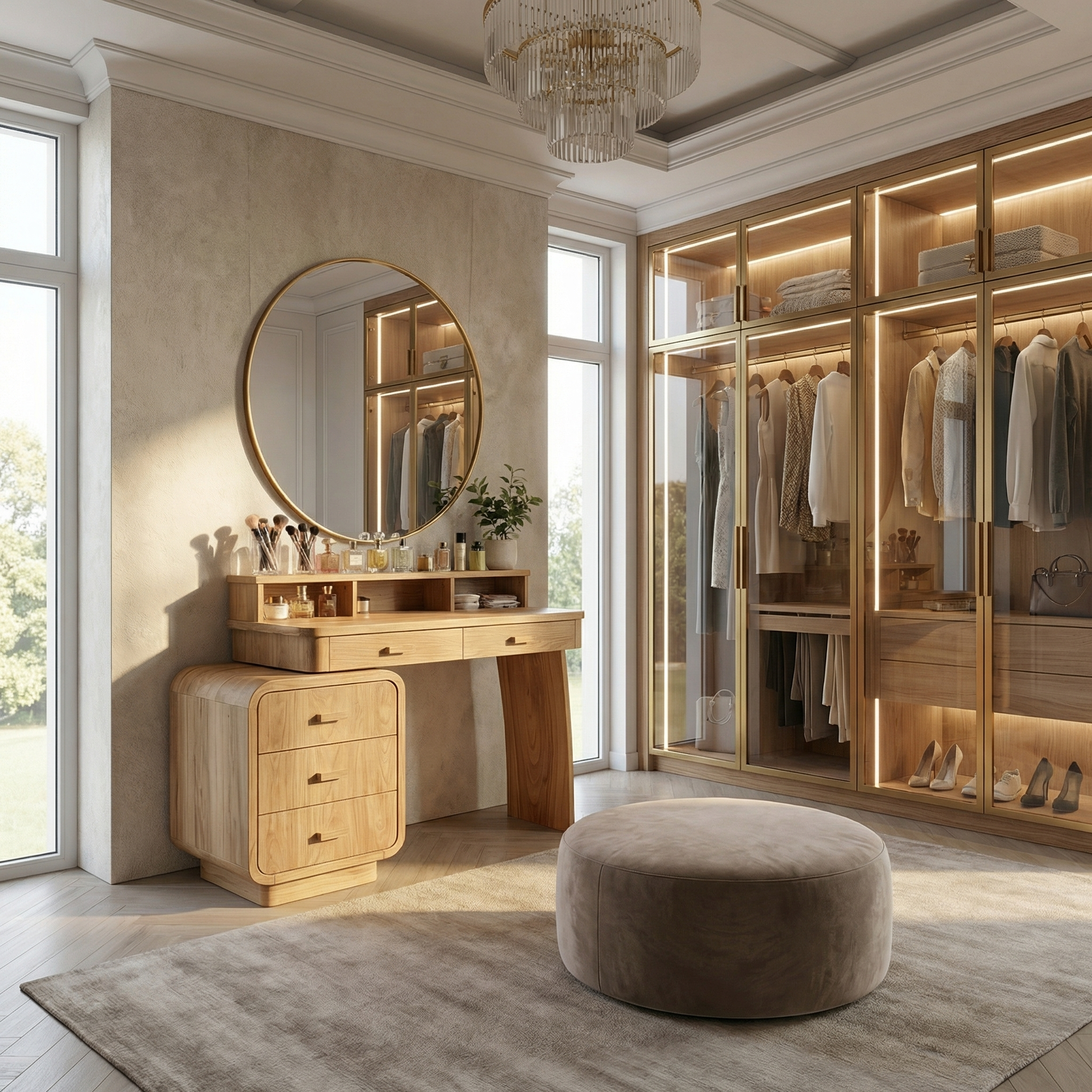 Mid Century Dressing Table With Storage Cabinet Soft Rounded Design For Bedroom SINLSABDT055