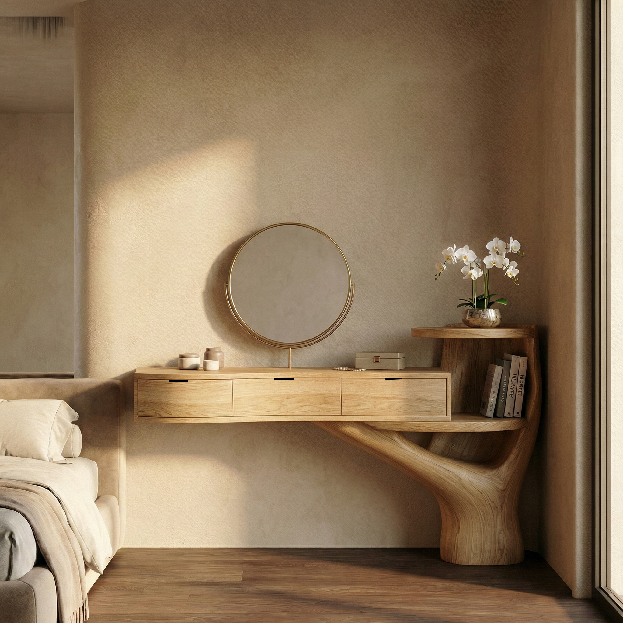 Organic Tree Base Floating Dressing Table With Drawers Makeup Vanity Desk For Bedroom SINLSABDT069