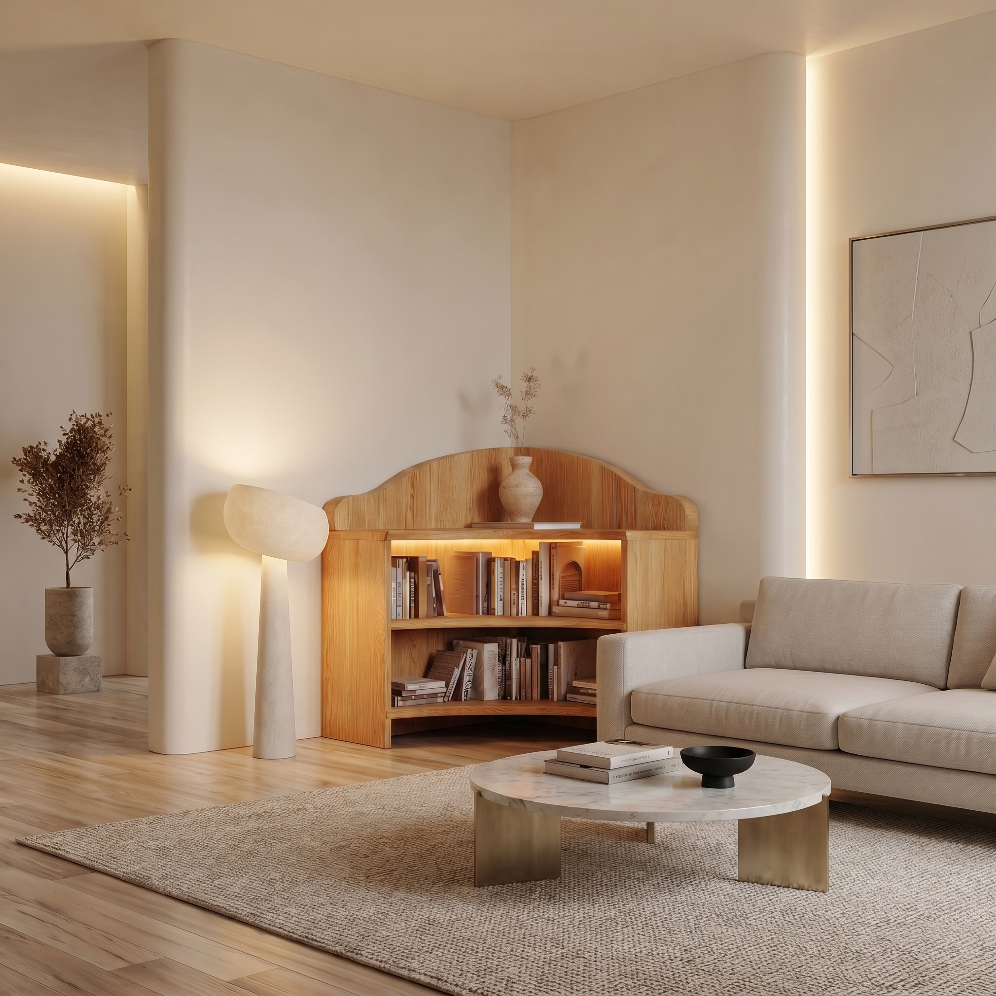 Minimal Corner Bookshelf With Clean Wooden Structure For Living Room SINLSABS026