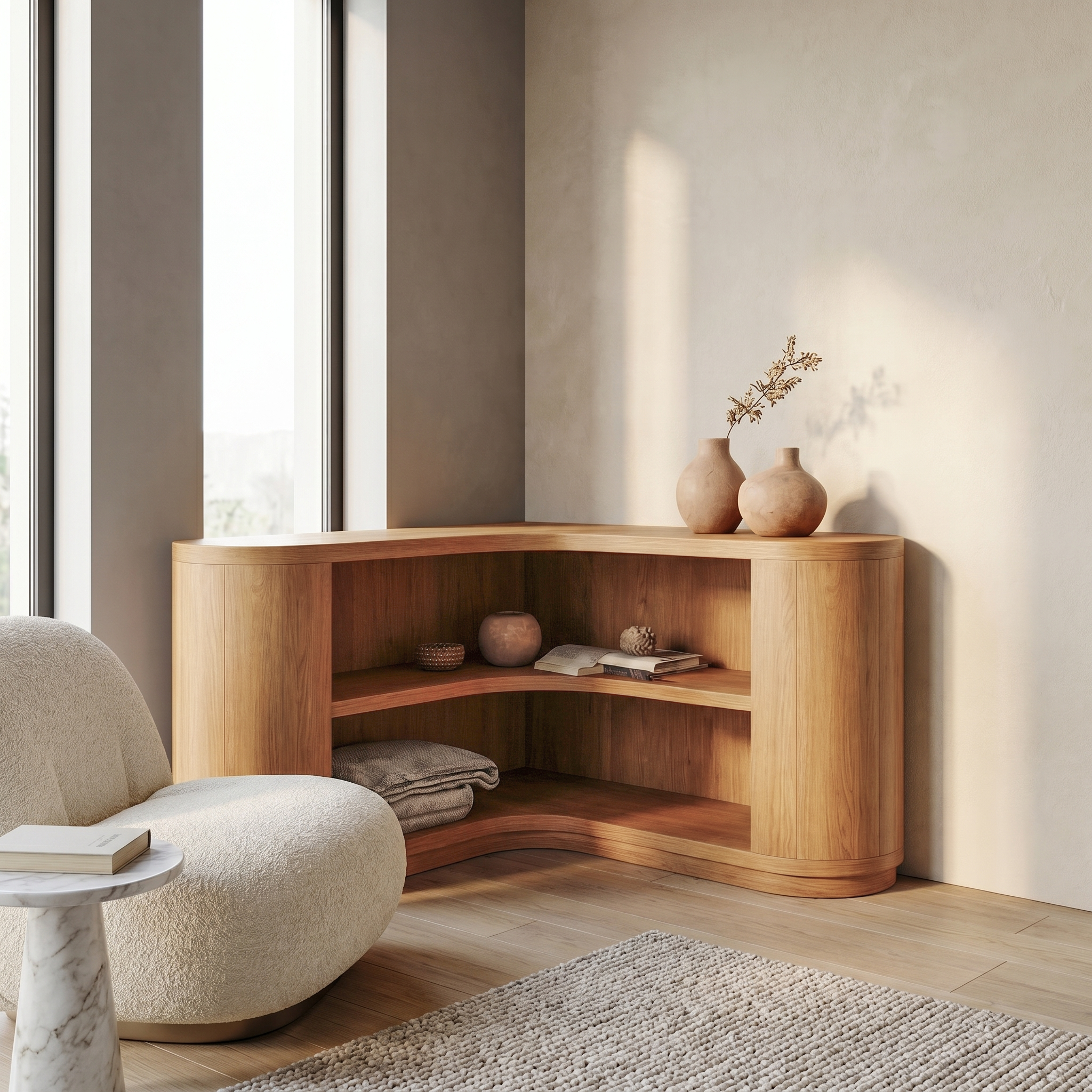 Scandinavian Corner Bookshelf With Simple Wooden Structure For Living Room SINLSABS027