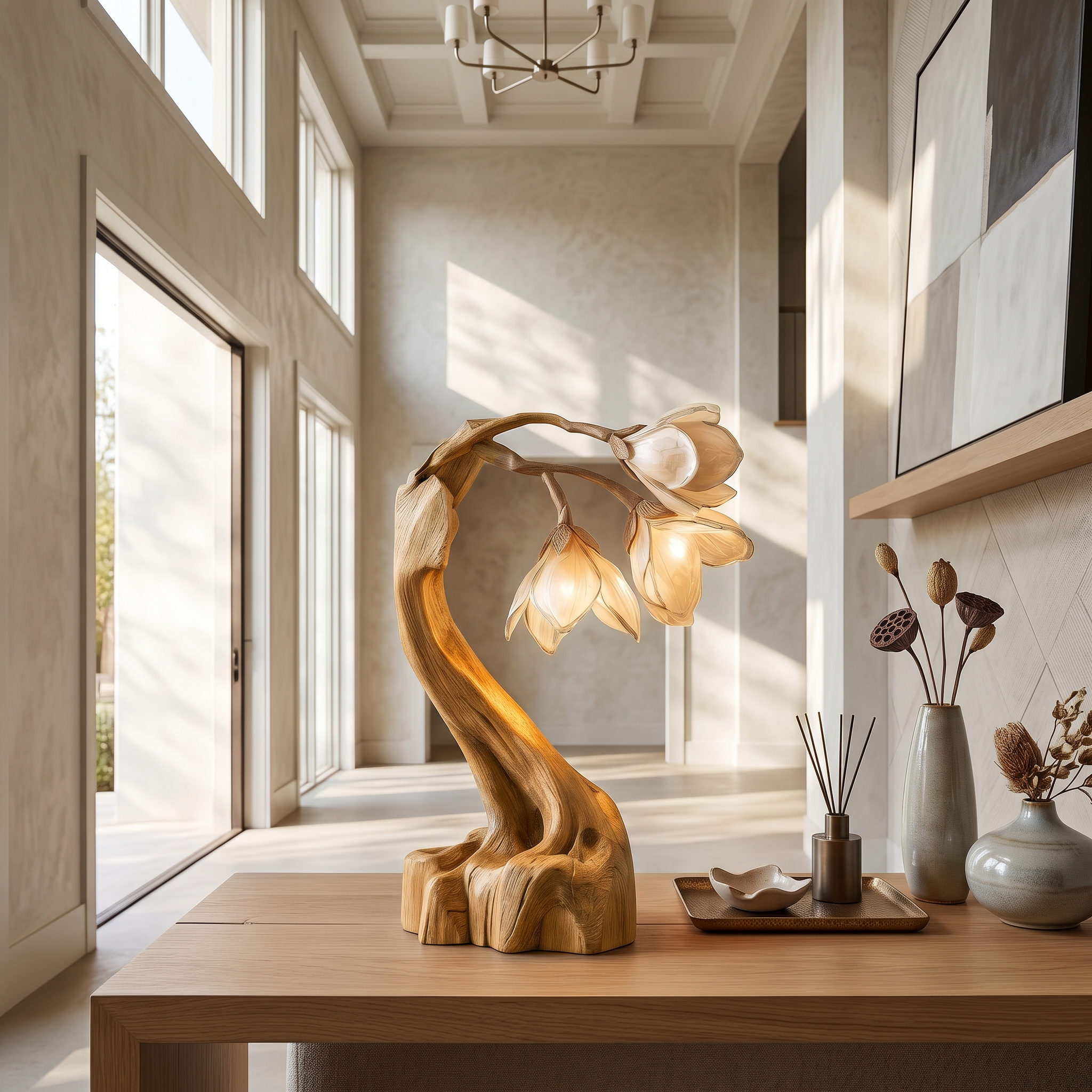 Organic Floral Table Lamp With Sculptural Wood Base For Bedroom And Living Room