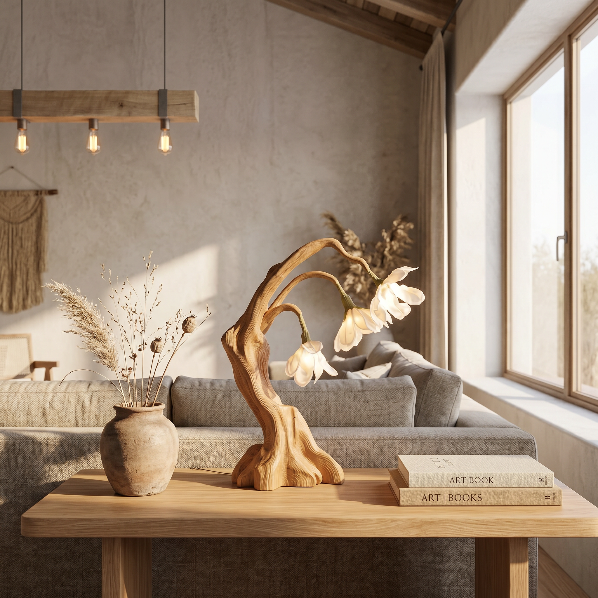 Modern Floral Table Lamp With Sculptural Driftwood Base For Bedroom And Living Room SINLSATL009