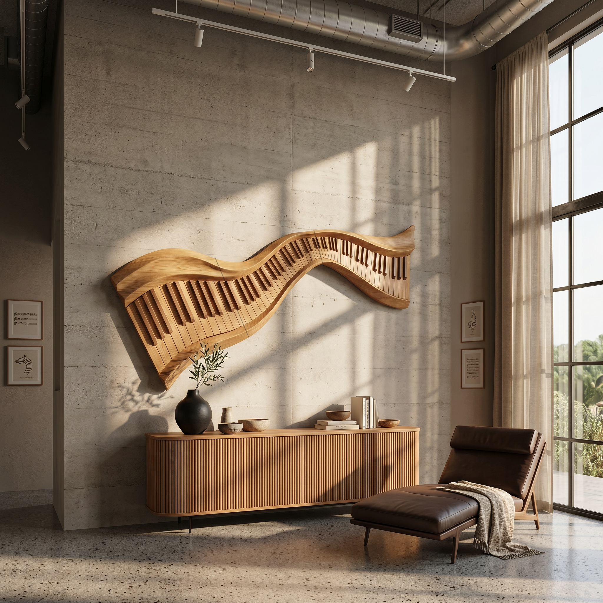 Organic Abstract Keyboard Wave Wooden Wall Sculpture For Living Room SINLSAWD076