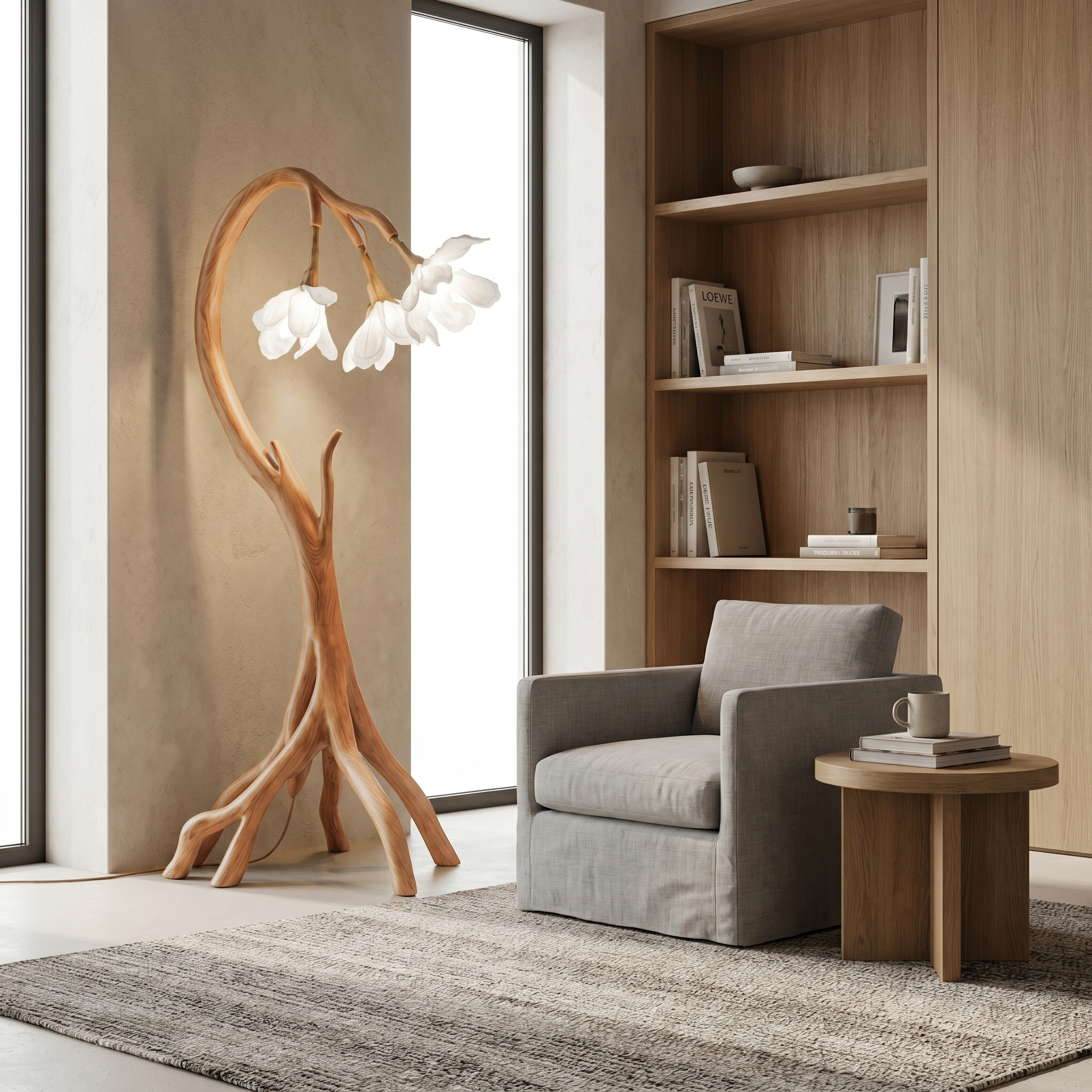 Botanical Flower Floor Lamp With Sculptural Wood Base For Living Room And Bedroom SINLSAFLP070