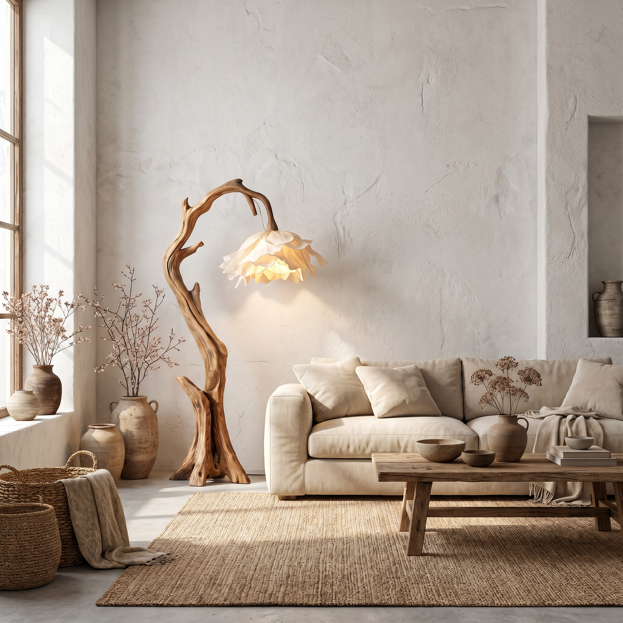 Nature Inspired Flower Floor Lamp With Solid Wood Base For Living Room And Bedroom SINLSAFLP081