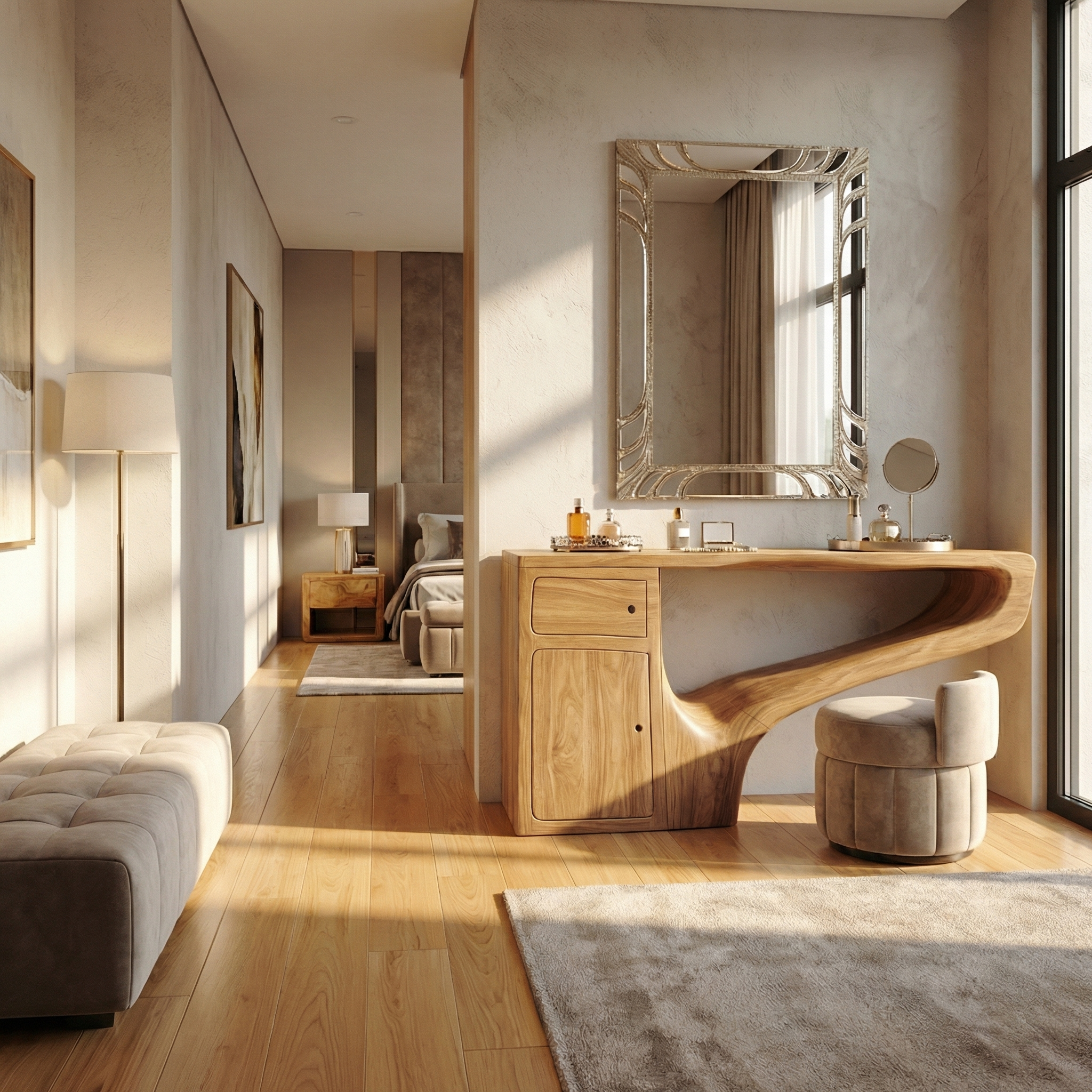 Modern Asymmetrical Dressing Table Solid Wood Integrated Storage Design Bedroom SINLSABDT060