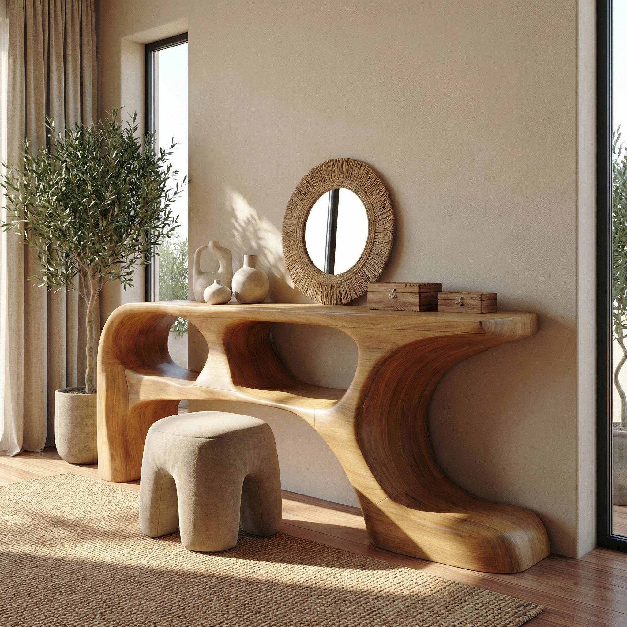 Sculptural Dressing Table Solid Wood Flowing Curve With Shelf Design Bedroom And Vanity Space SINLSABDT059