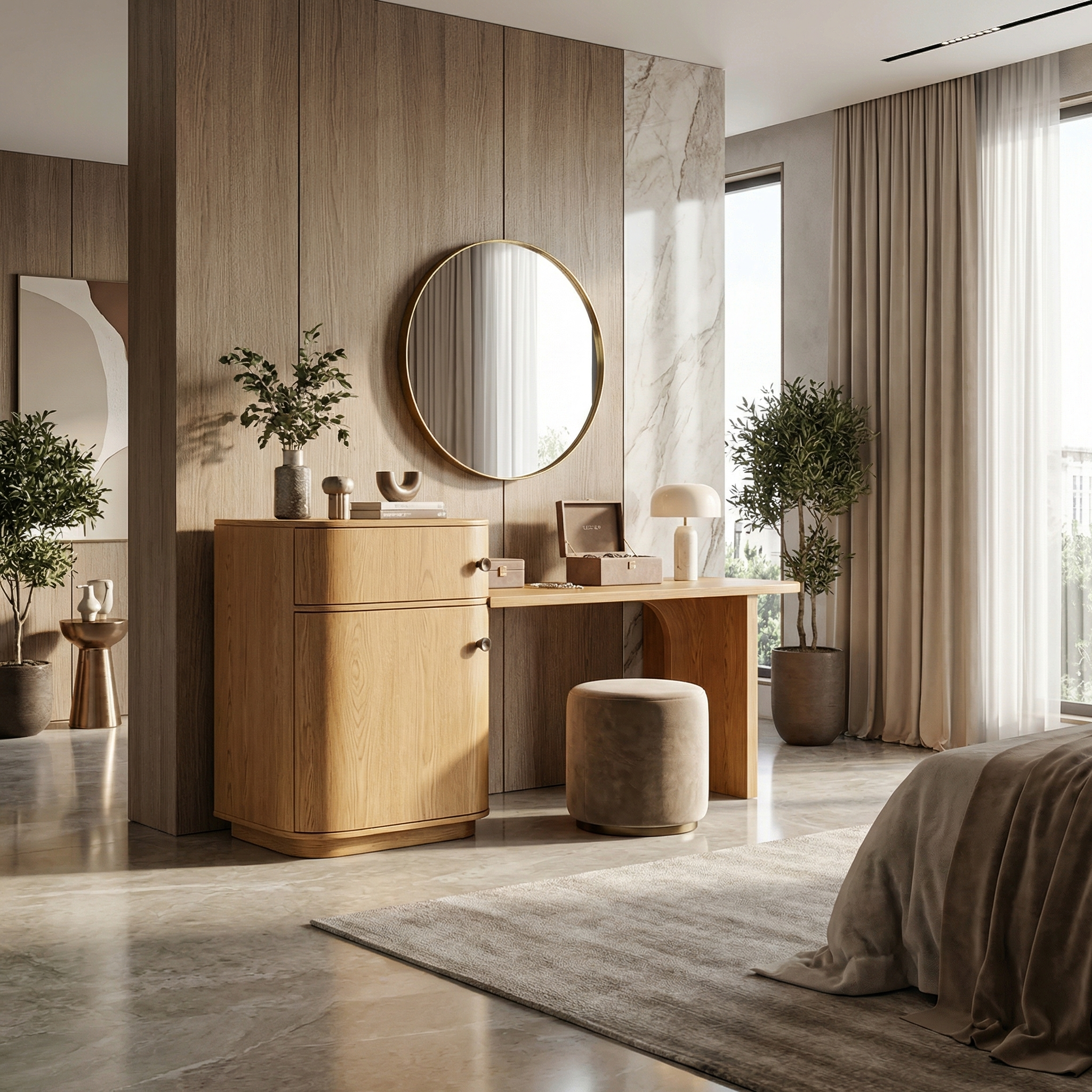 Scandinavian Dressing Table With Storage Cabinet Warm Minimalist Rounded Design For Bedroom SINLSABDT058