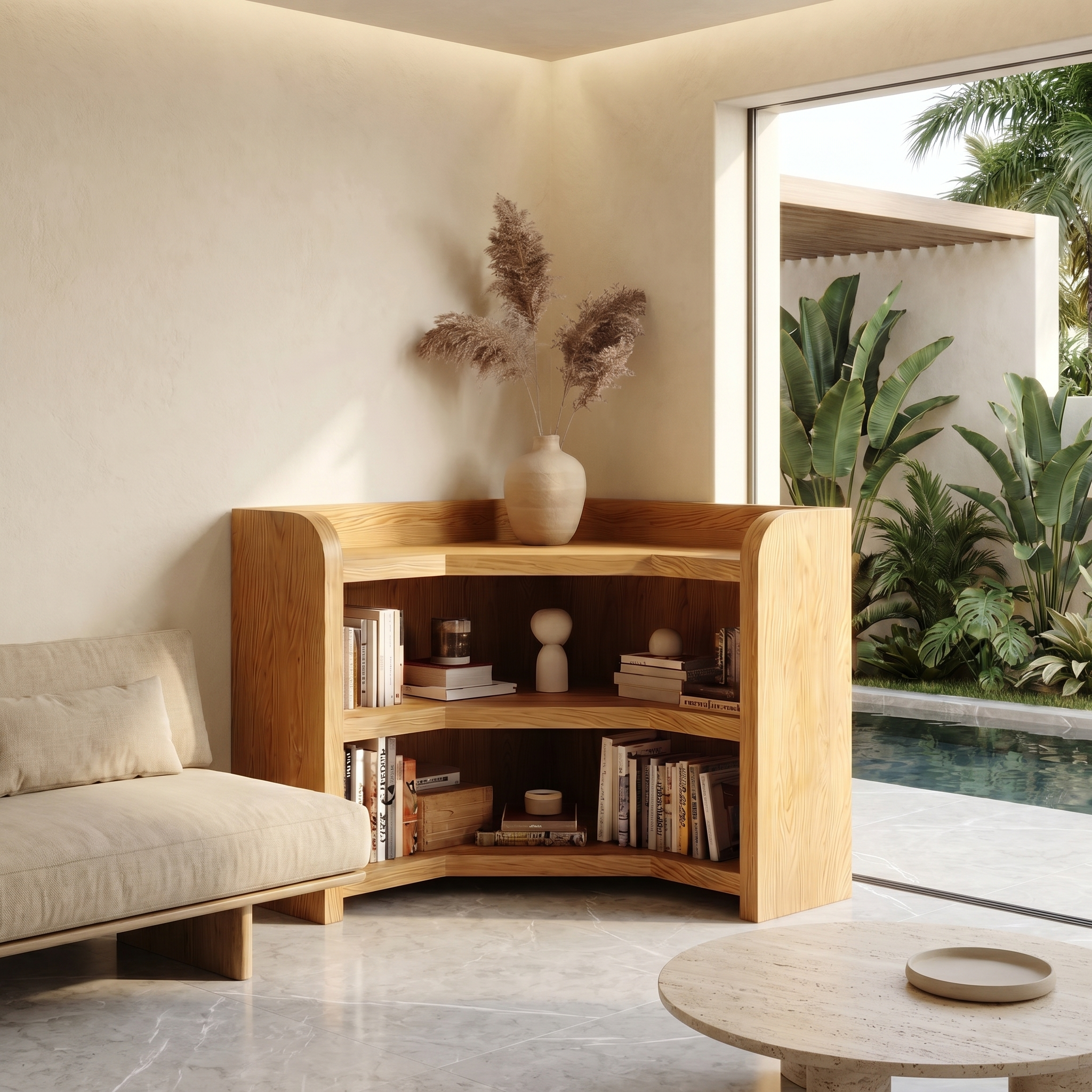 Natural Wooden Bookshelf With Rounded Edges And Open Shelves For Living Room And Bedroom SINLSABS028