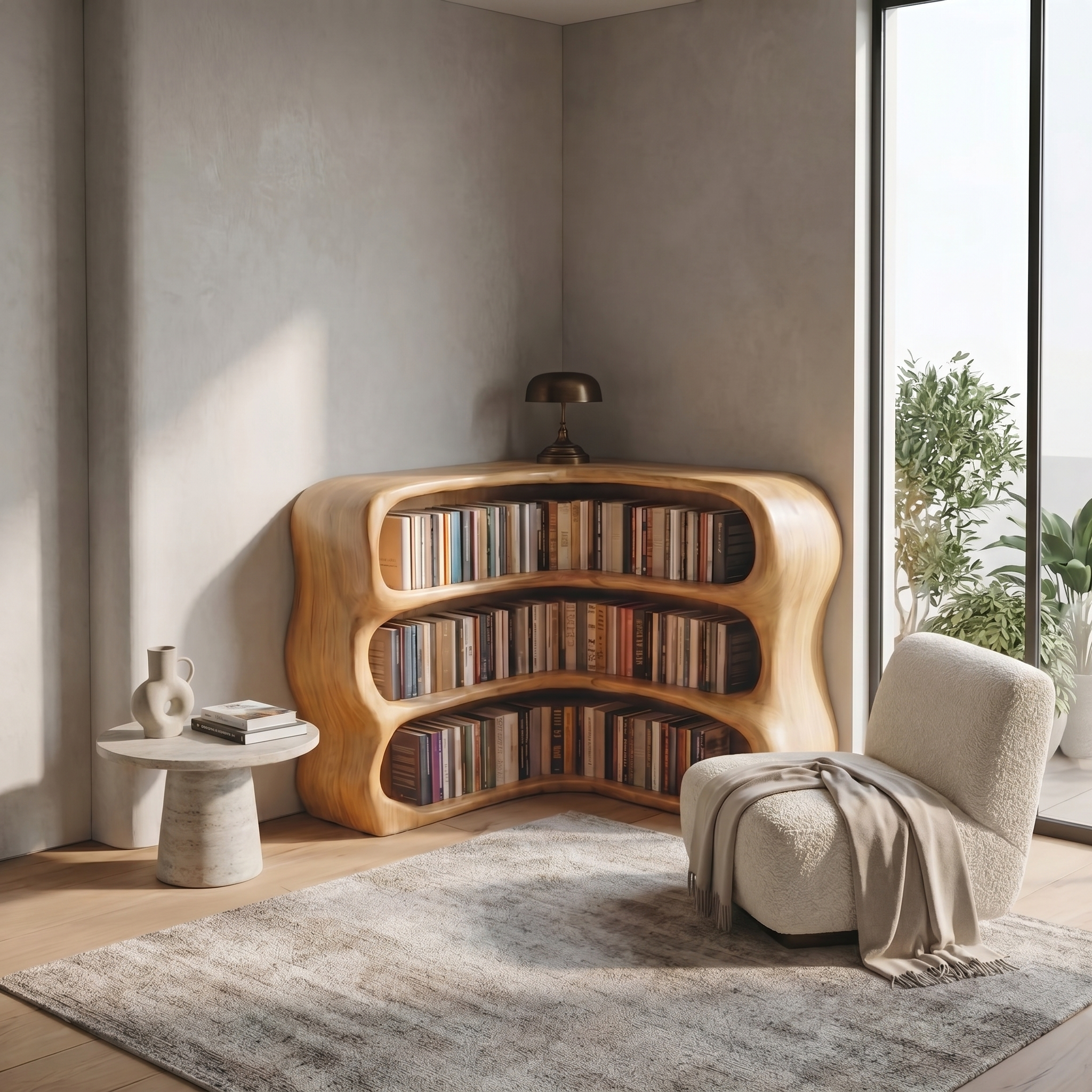 Modern Curved Bookshelf With Sculptural Open Shelves For Living Room And Bedroom SINLSABS019