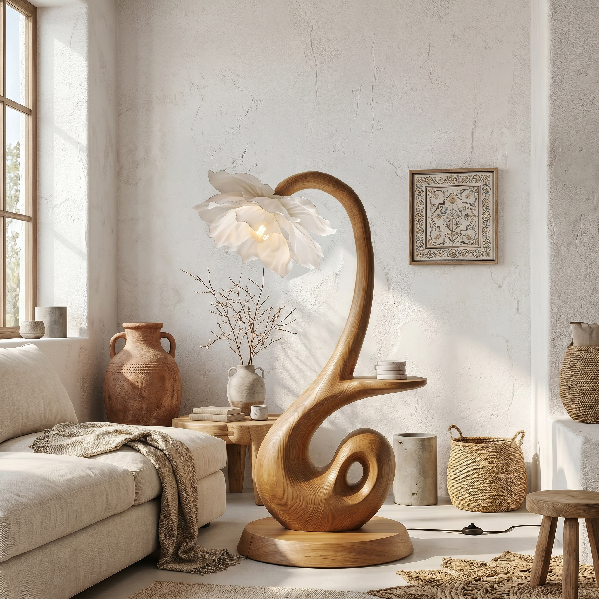 Nature Inspired Floor Lamp With Blooming Flower Shade And Display Shelf For Reading Nook SINLSAFLP126