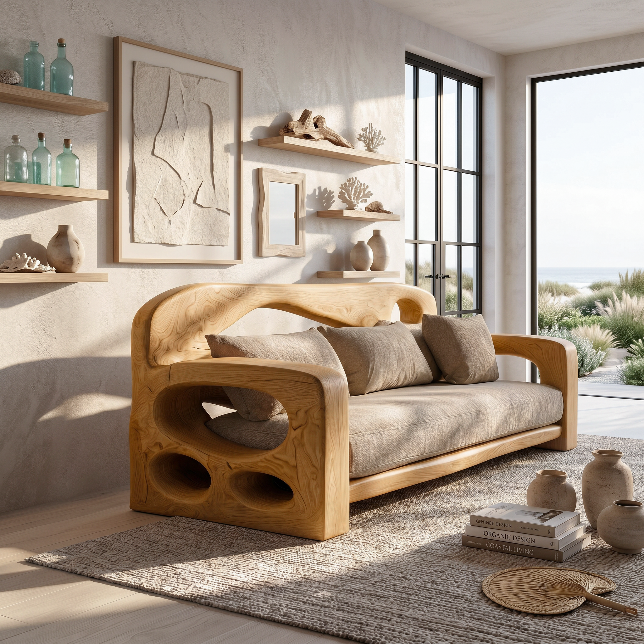 Modern Sofa Frame With Sculptural Solid Wood Armrests For Living Room SINLSASF029