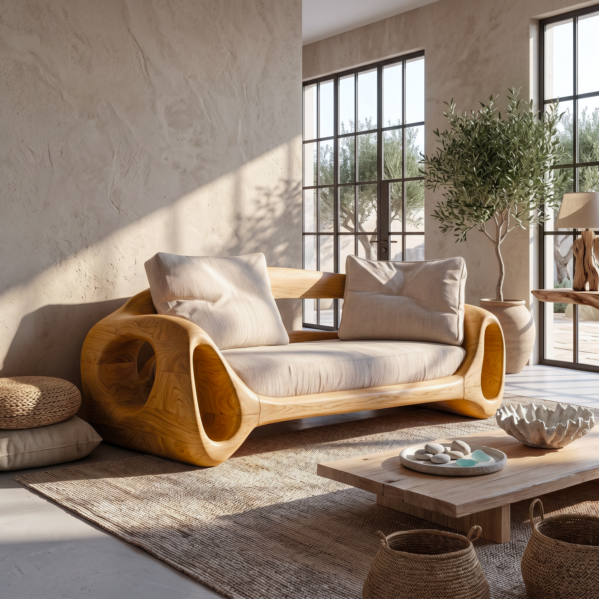 Organic Sofa Frame With Sculptural Circular Armrests For Living Room SINLSASF030