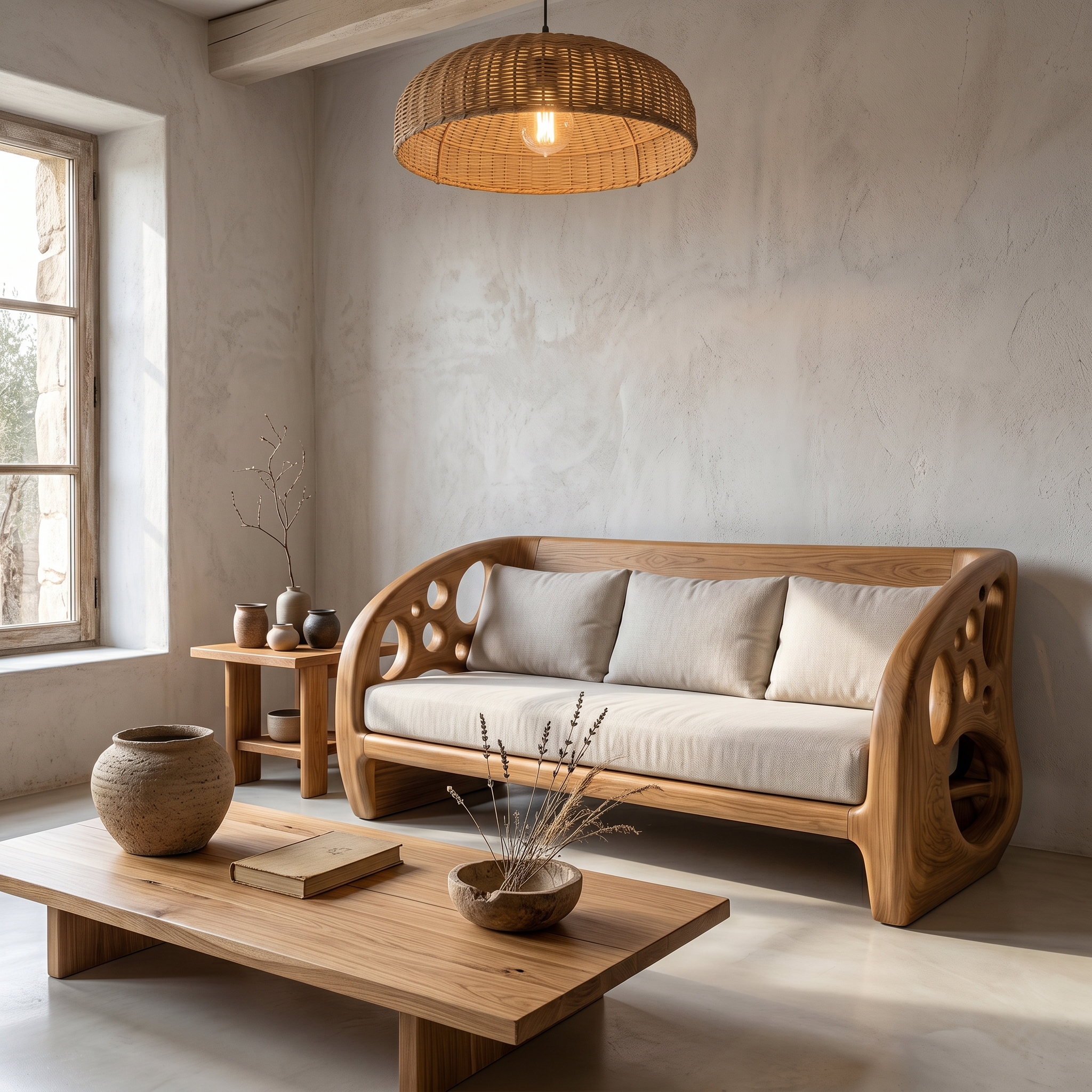 Modern Organic Sofa With Sculptural Perforated Wood Frame SINLSASF035