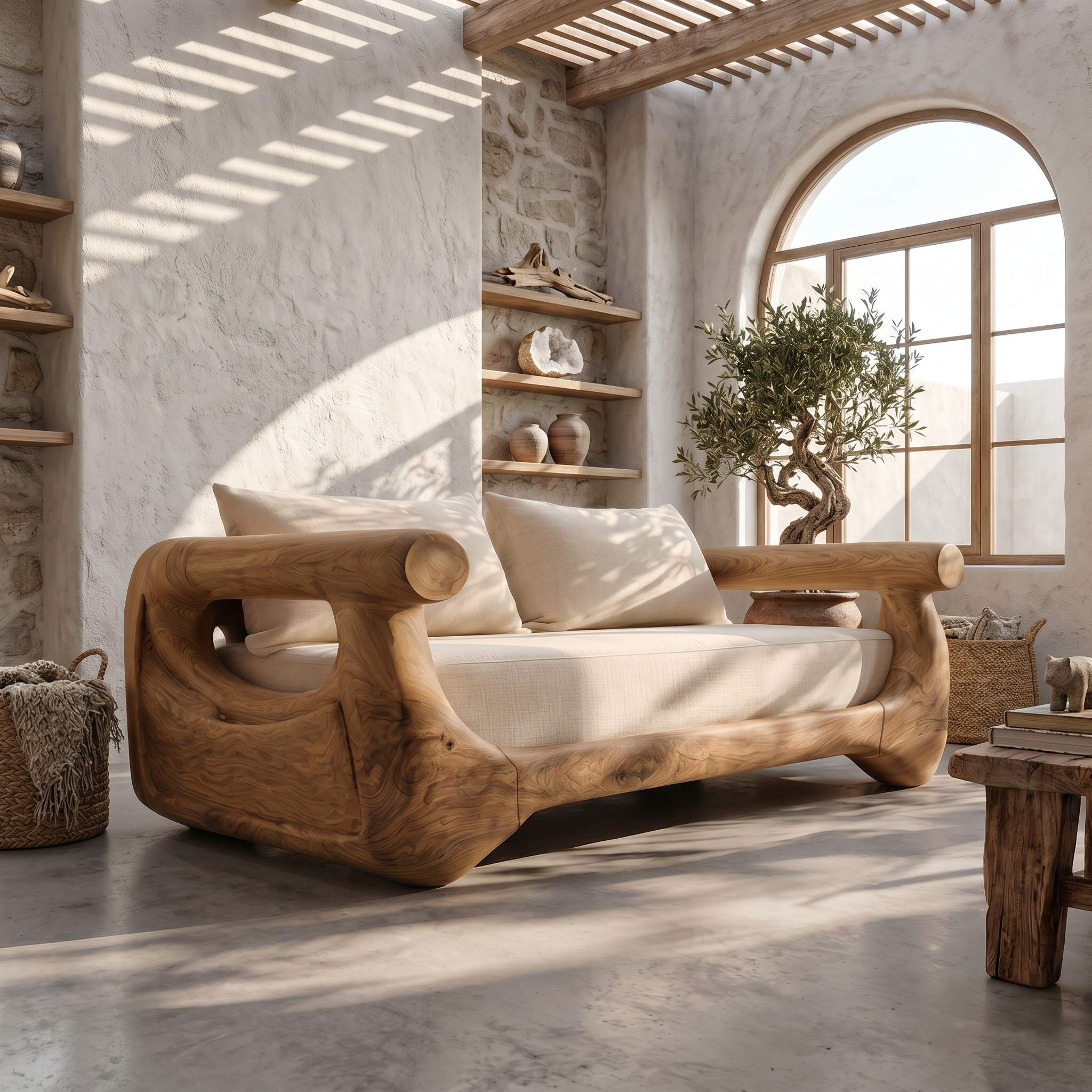 Modern Sofa With Sculptural Perforated Wood Frame For Living Room SINLSASF041