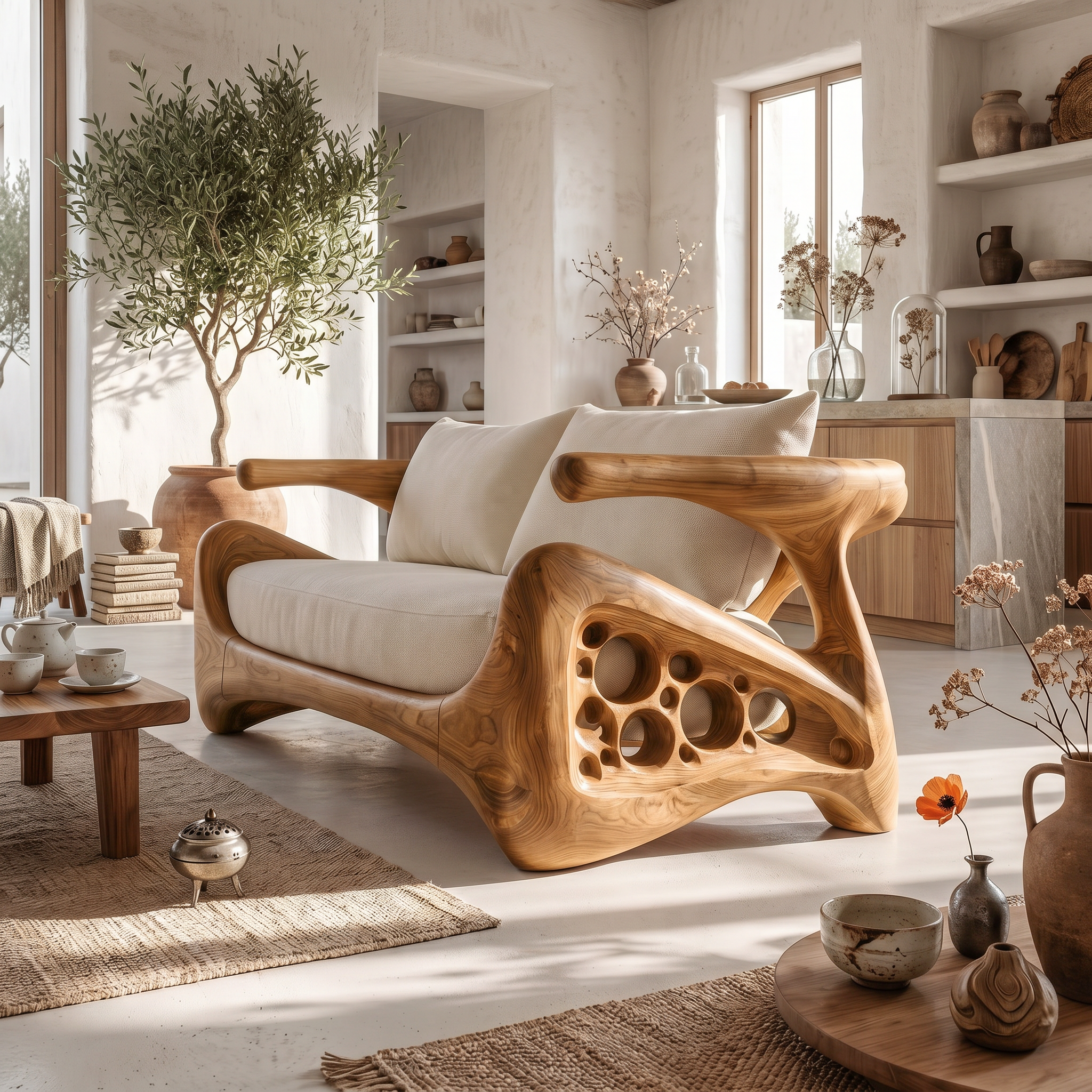 Natural Sofa Frame With Bold Sculptural Armrests For Living Room SINLSASF045
